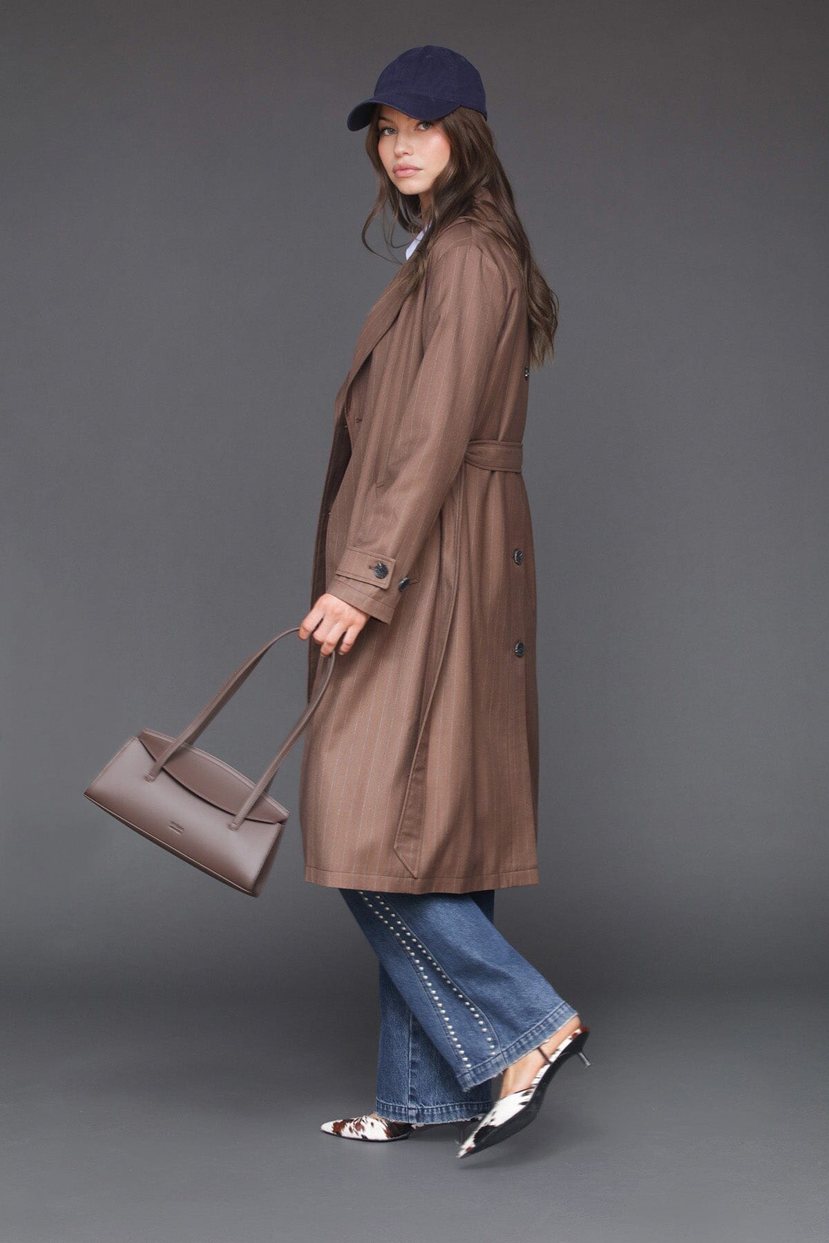 Pinstripe button back brown stripe double-breasted trench coat with removable tie belt - Cute women's trench coats by Avec Les Filles