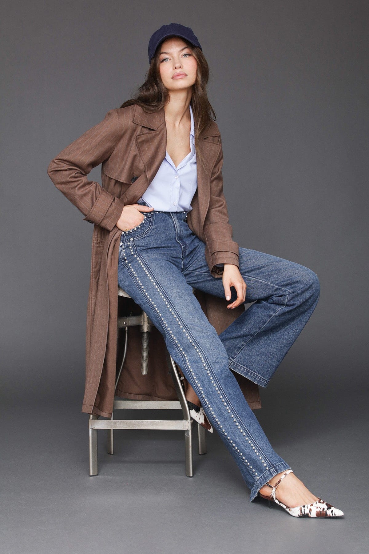 Pinstripe button back brown stripe double-breasted trench coat with removable tie belt - Cute women's trench coats by Avec Les Filles