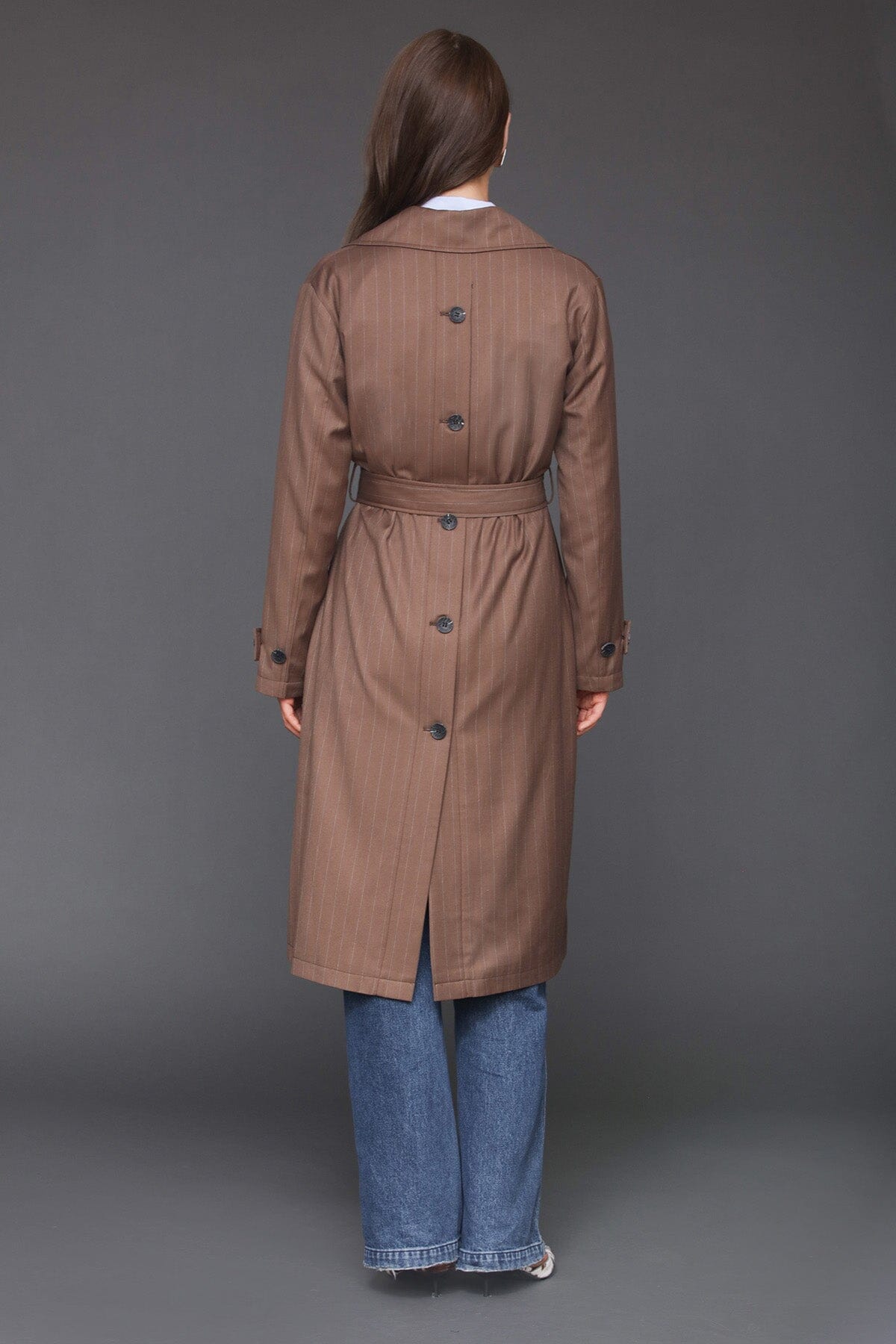 Pinstripe button back brown stripe double-breasted trench coat with removable tie belt - Cute women's trench coats by Avec Les Filles