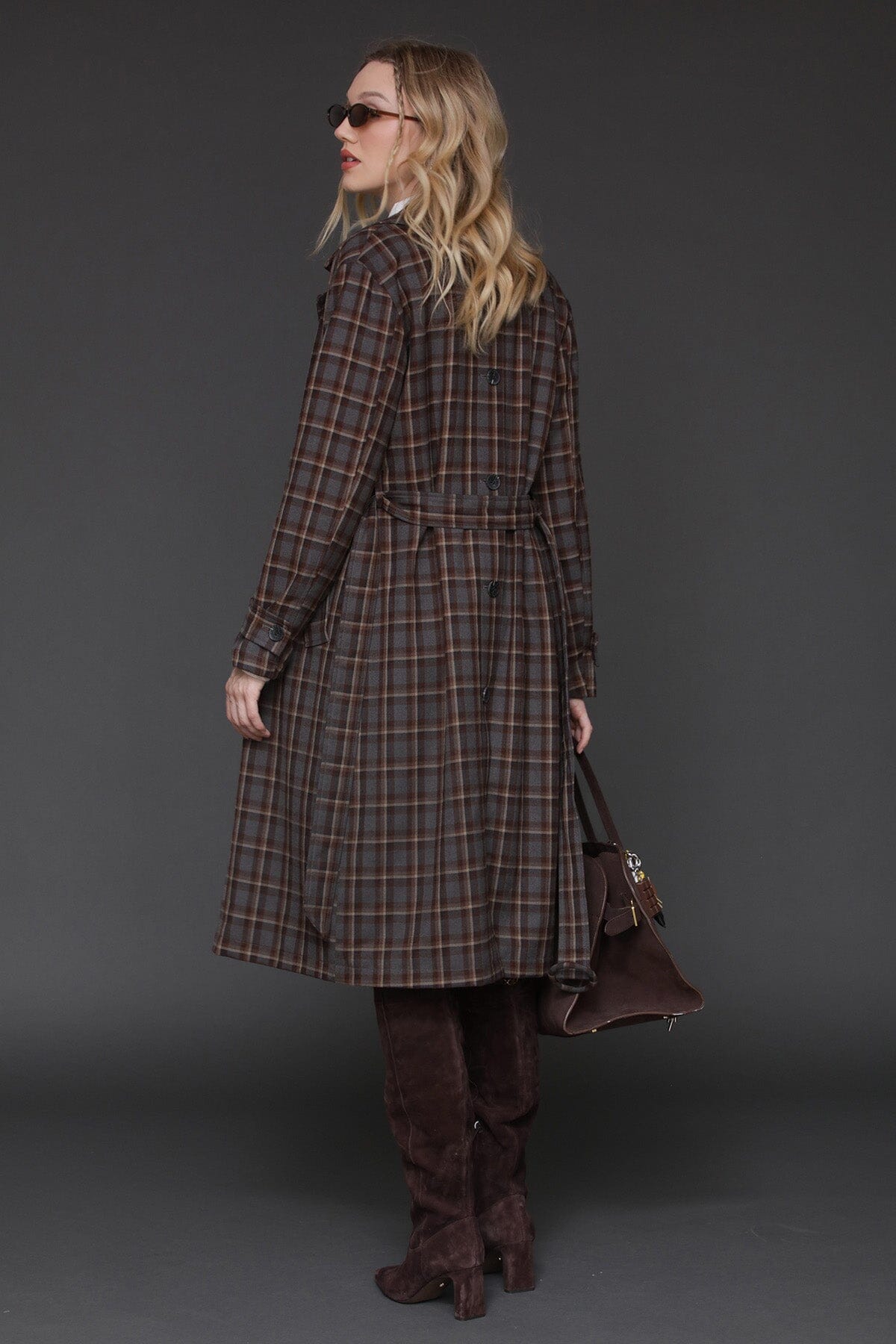 Grey brown plaid button-back double-breasted trench coat with removable tie belt - Cute women's trench coats by Avec Les Filles