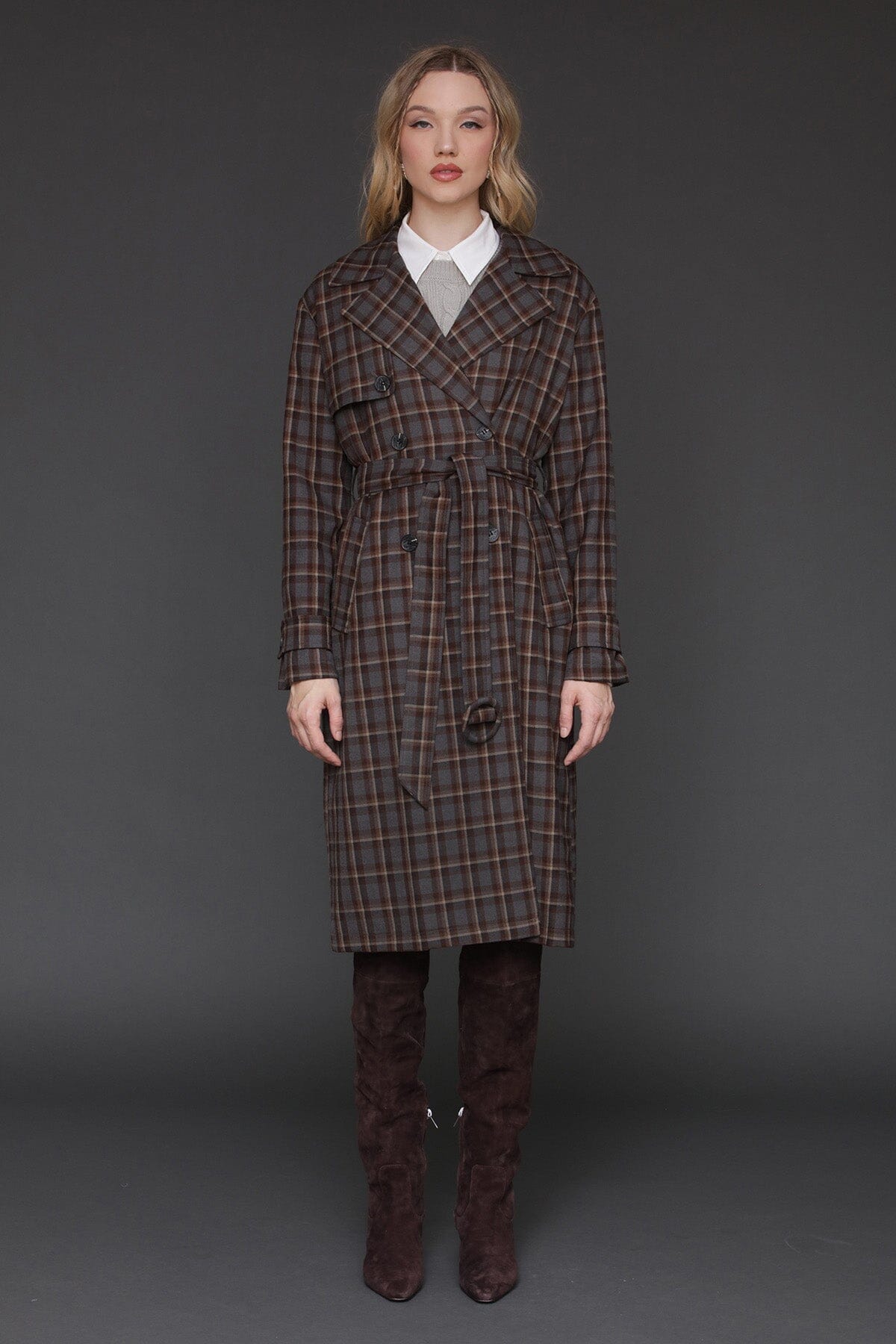 Grey brown plaid button-back double-breasted trench coat with removable tie belt - Cute women's trench coats by Avec Les Filles