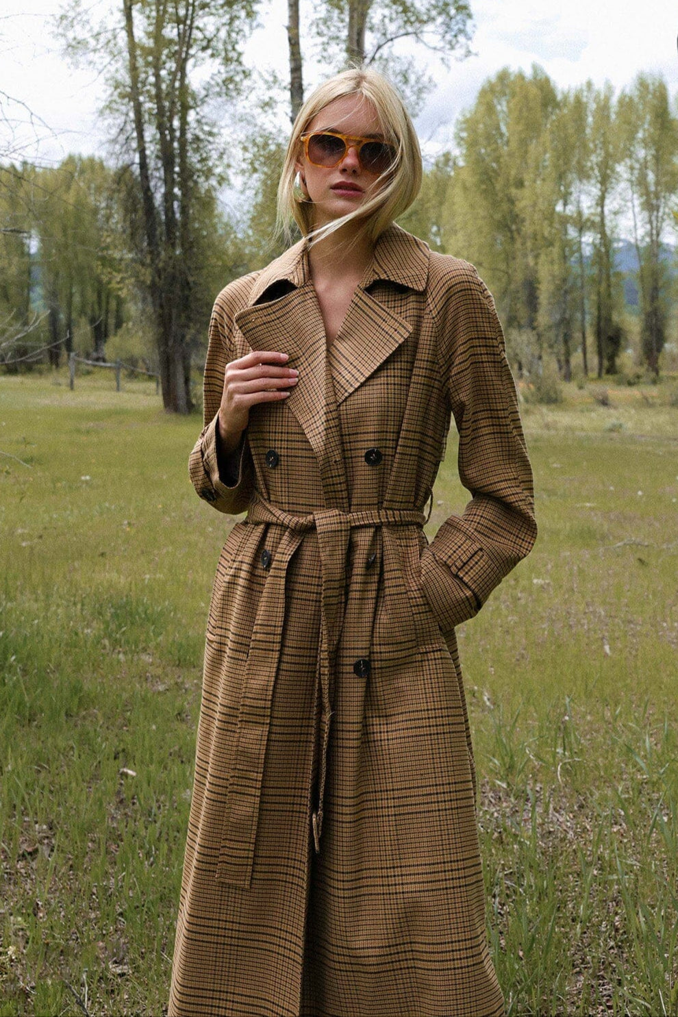 Brown plaid strong shoulder double-breasted maxi trench coat with detachable self-tie belt and long sleeves - Cute women's trench coats by Avec Les Filles