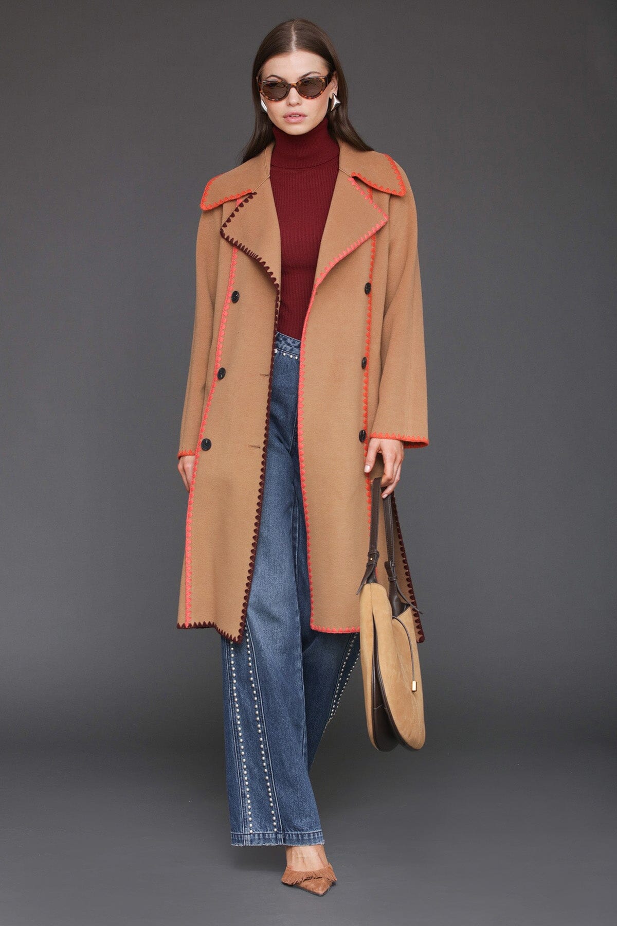 Contrast blanket stitch double-breasted caramel wrap coat with self-tie belt and long sleeves - Cute women's maxi coats by Avec Les Filles