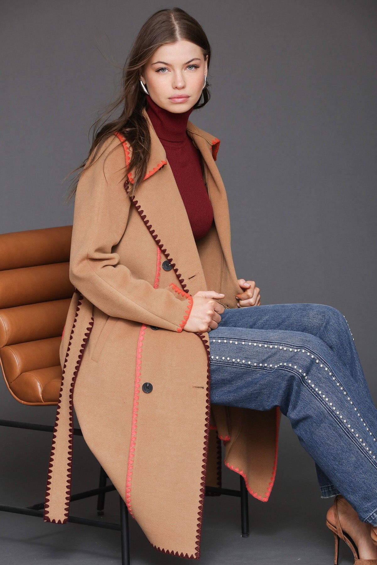 Contrast blanket stitch double-breasted caramel wrap coat with self-tie belt and long sleeves - Cute women's maxi coats by Avec Les Filles