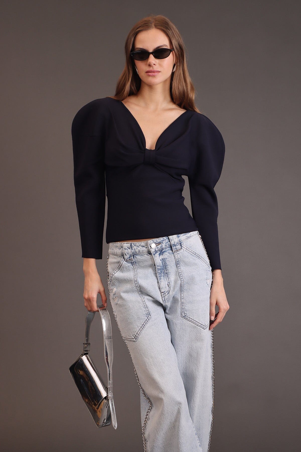 Puff sleeve bow front navy blue slim-fitting sweater made from viscose nylon blend with V-neckline and long sleeves - Cute women's sweater by Avec Les Filles