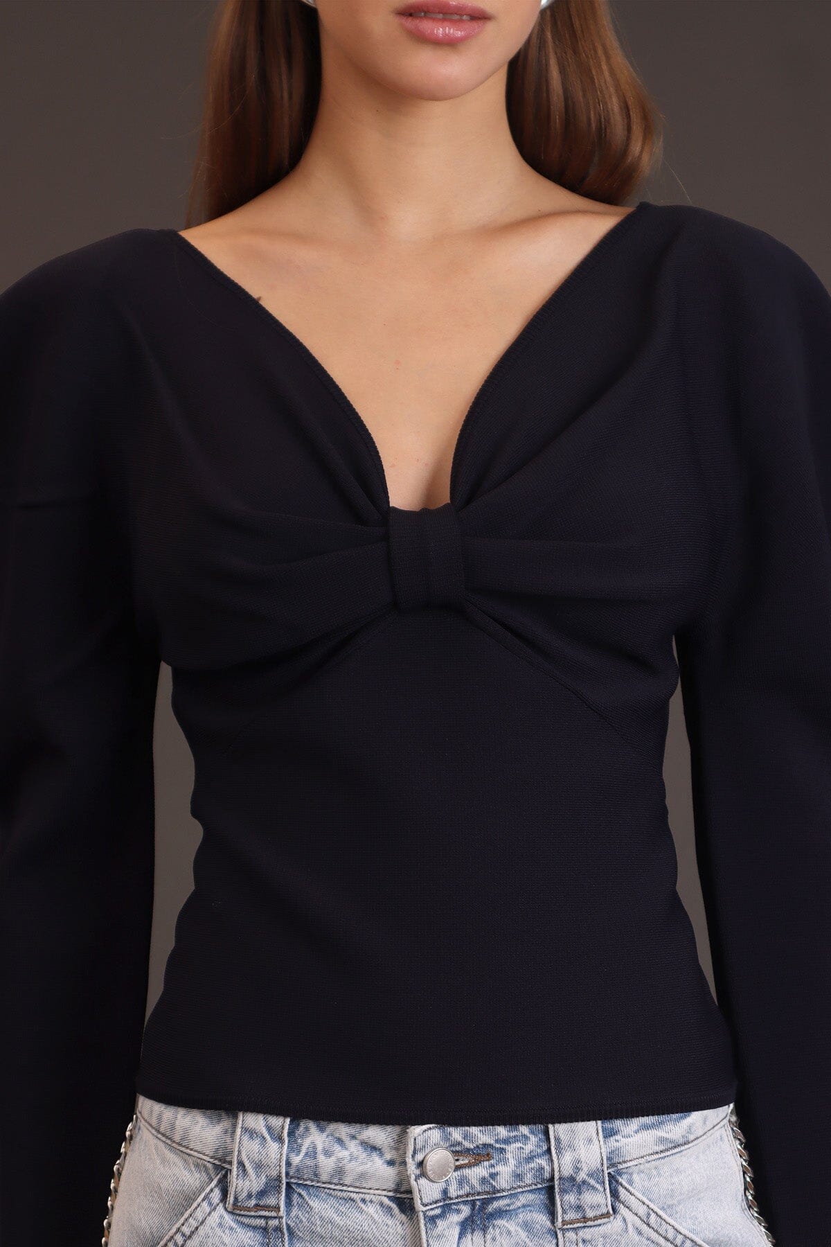 Puff sleeve bow front navy blue slim-fitting sweater made from viscose nylon blend with V-neckline and long sleeves - Cute women's sweater by Avec Les Filles