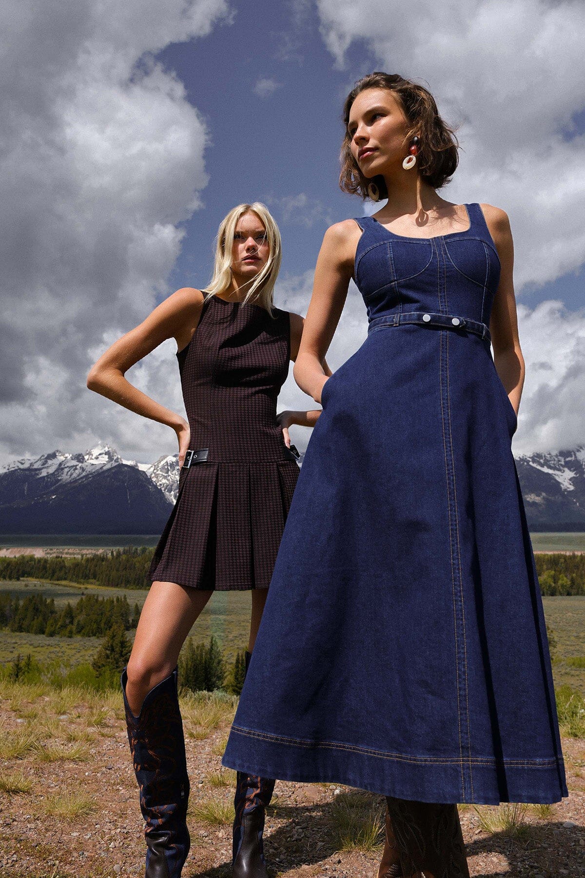 Denim fit & flare bustier cotton blend dark blue midi dress with removable denim belt and sleeveless tank-style straps - Cute women's midi dresses by Avec Les Filles