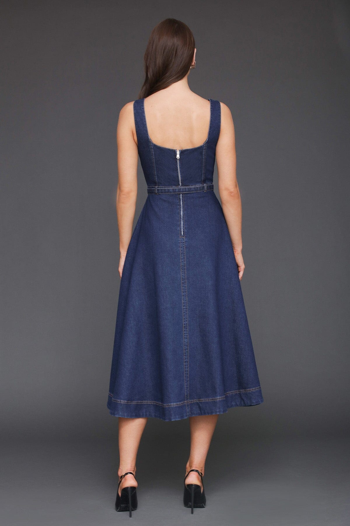 Denim fit & flare bustier cotton blend dark blue midi dress with removable denim belt and sleeveless tank-style straps - Cute women's midi dresses by Avec Les Filles
