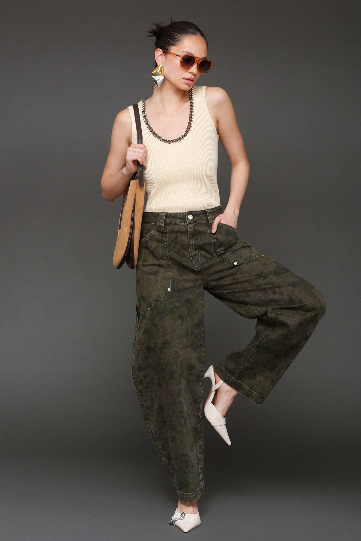Flower camo cargo barrel jeans made from cotton blend with tonal floral camouflage print and patch pockets - Cute women's pants by Avec Les Filles