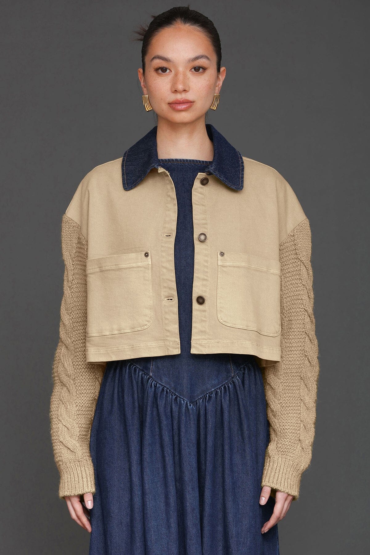 Mixed media chore button-front washed tan cropped jacket with cable-knit sleeves and contrast denim collar - Cute women's jacket by Avec Les Filles