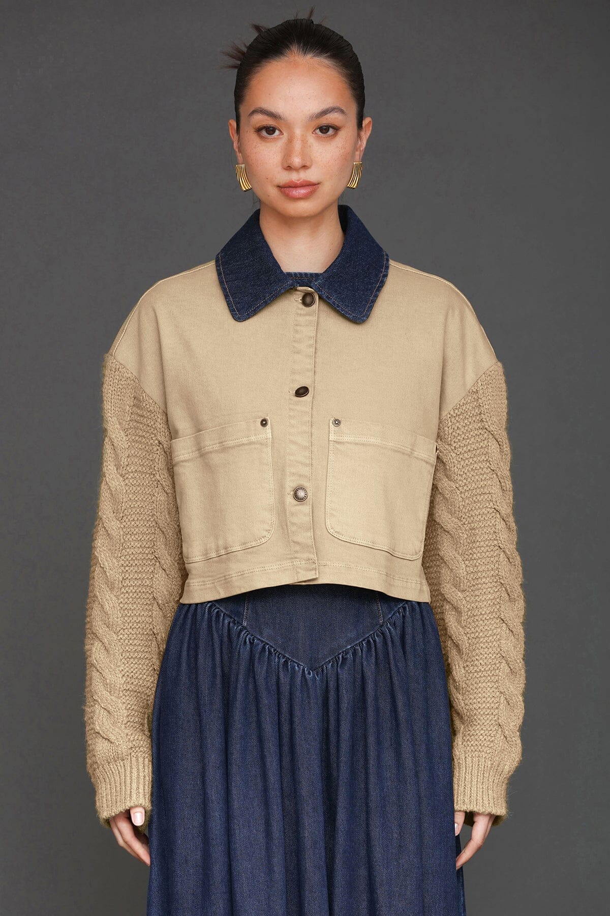 Mixed media chore button-front washed tan cropped jacket with cable-knit sleeves and contrast denim collar - Cute women's jacket by Avec Les Filles