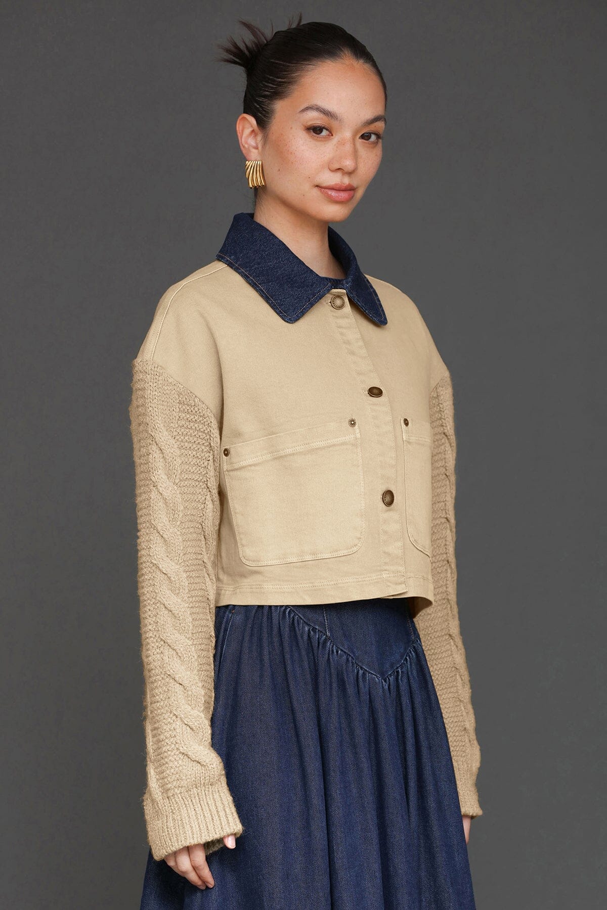 Mixed media chore button-front washed tan cropped jacket with cable-knit sleeves and contrast denim collar - Cute women's jacket by Avec Les Filles