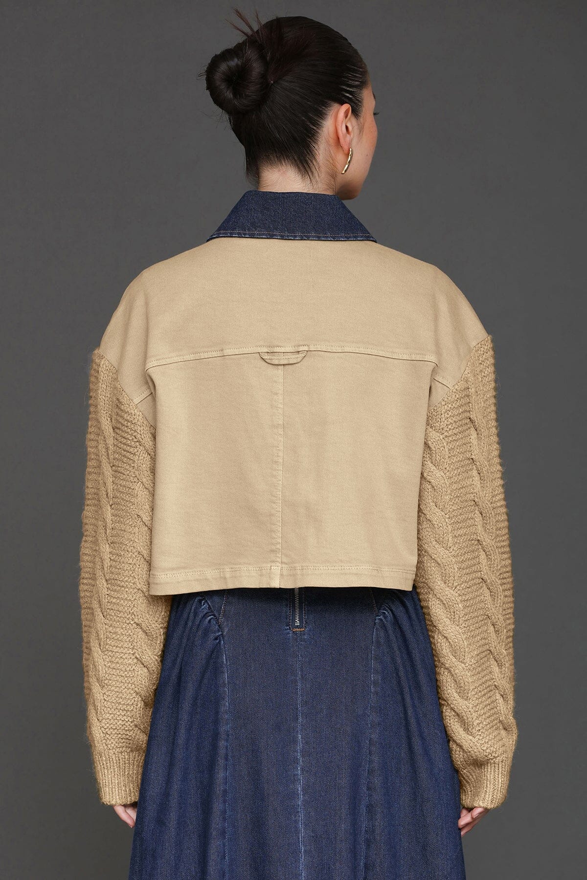 Mixed media chore button-front washed tan cropped jacket with cable-knit sleeves and contrast denim collar - Cute women's jacket by Avec Les Filles