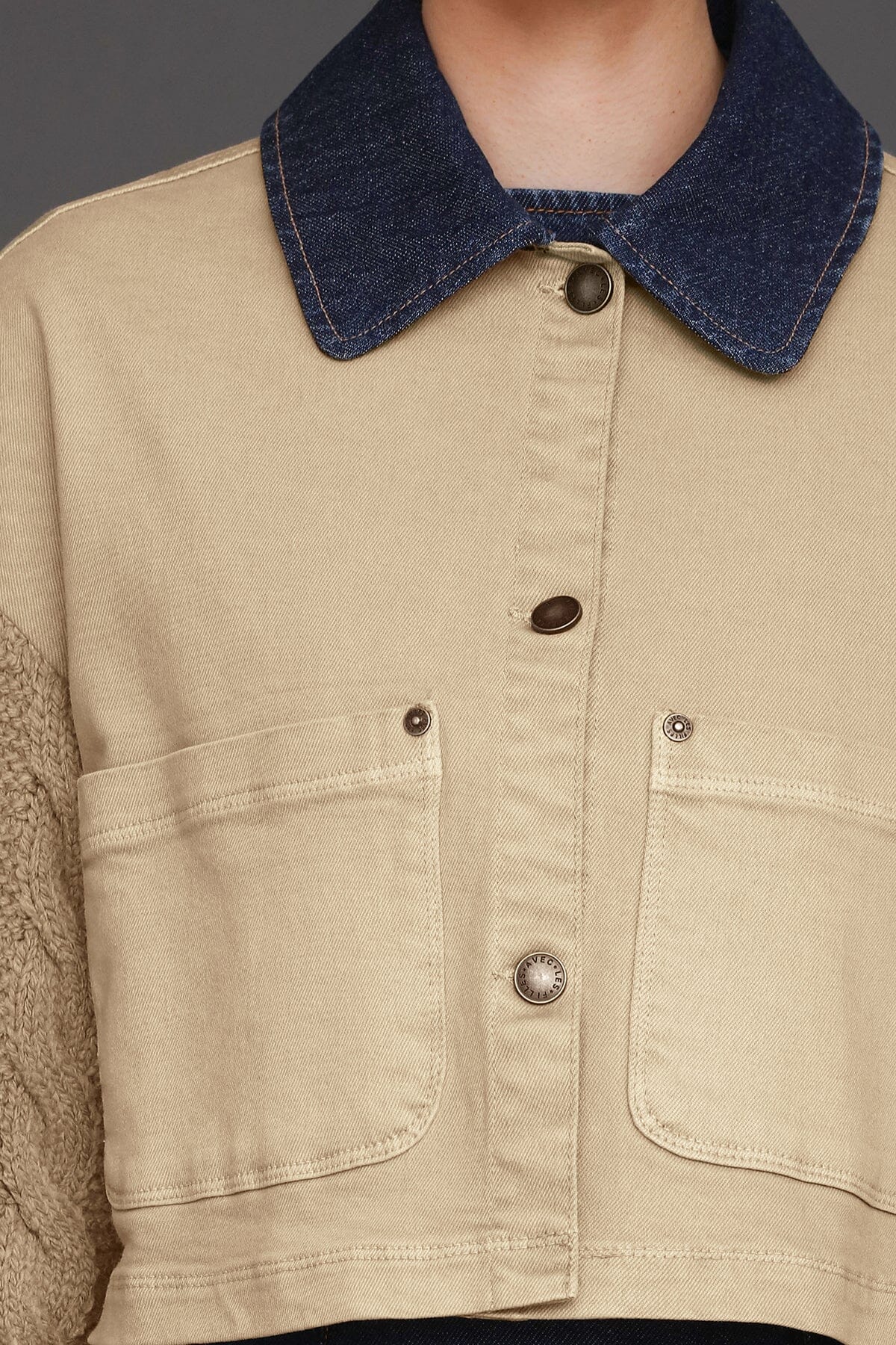 Mixed media chore button-front washed tan cropped jacket with cable-knit sleeves and contrast denim collar - Cute women's jacket by Avec Les Filles
