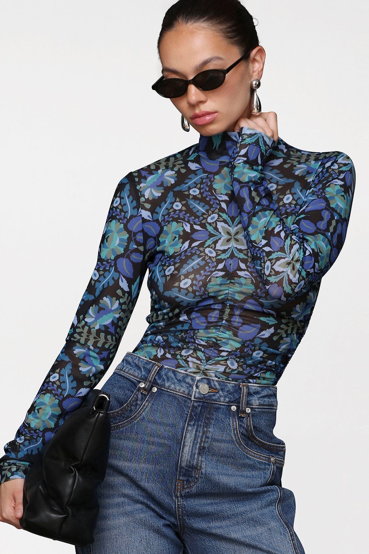 Floral printed mesh mock neck blue top with high neckline and long sleeves - Cute women's tops by Avec Les Filles