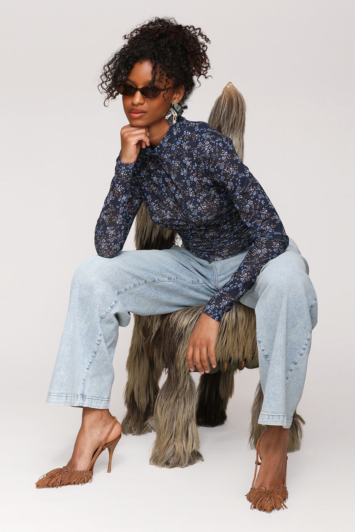 Floral printed mesh mock neck blue top with high neckline and long sleeves - Cute women's tops by Avec Les Filles
