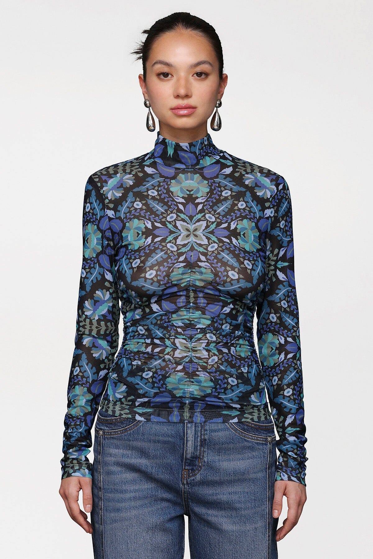 Floral printed mesh mock neck blue top with high neckline and long sleeves - Cute women's tops by Avec Les Filles