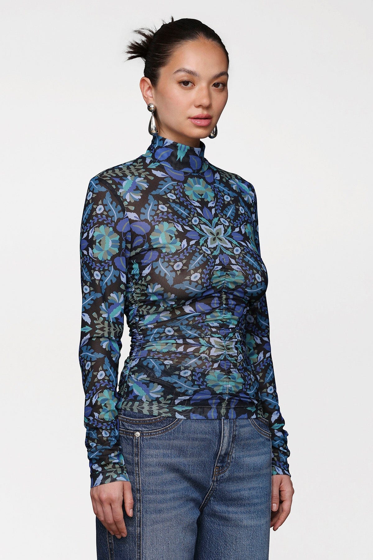 Floral printed mesh mock neck blue top with high neckline and long sleeves - Cute women's tops by Avec Les Filles