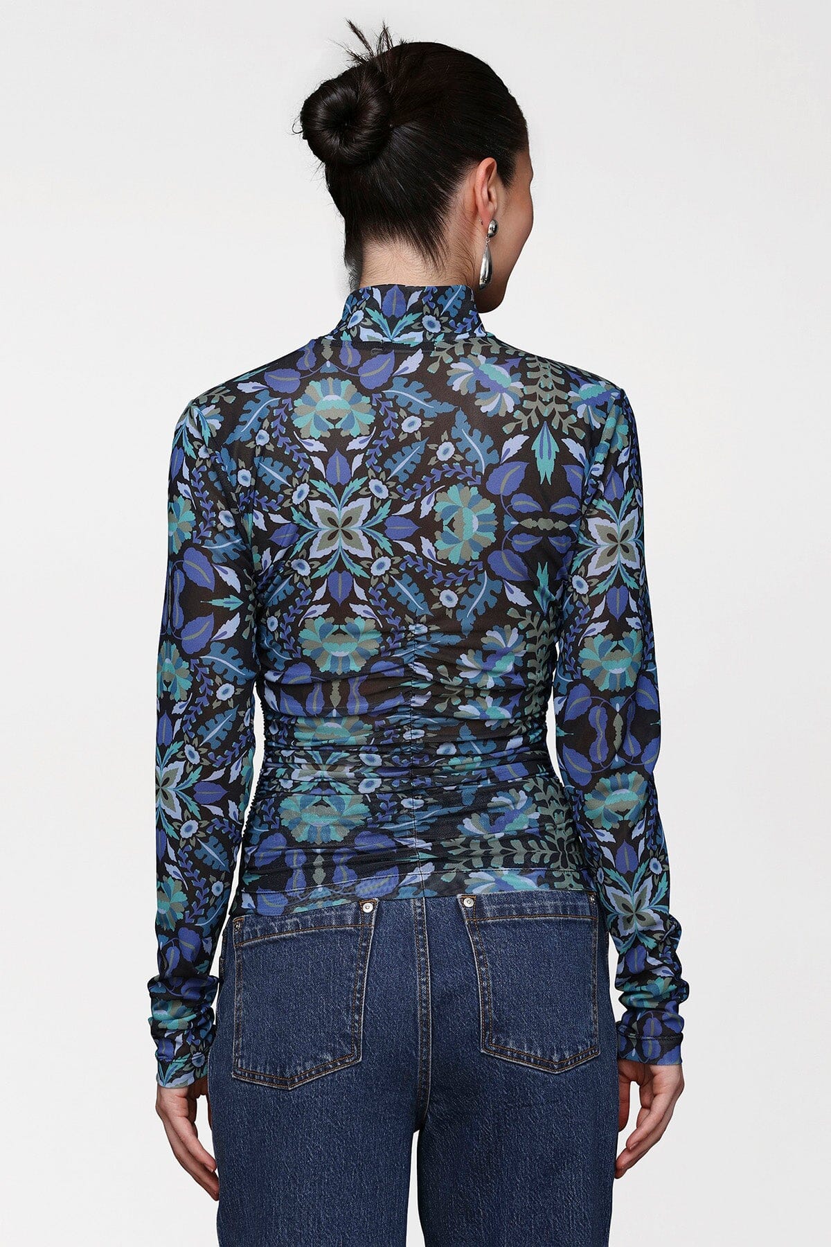 Floral printed mesh mock neck blue top with high neckline and long sleeves - Cute women's tops by Avec Les Filles