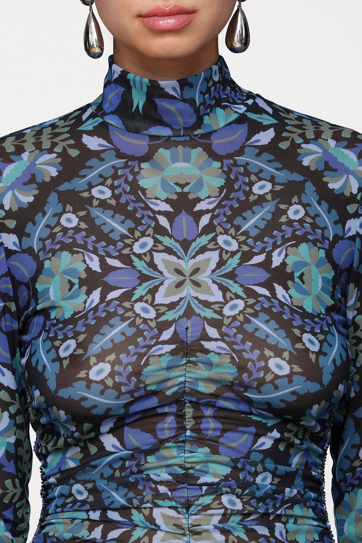 Floral printed mesh mock neck blue top with high neckline and long sleeves - Cute women's tops by Avec Les Filles