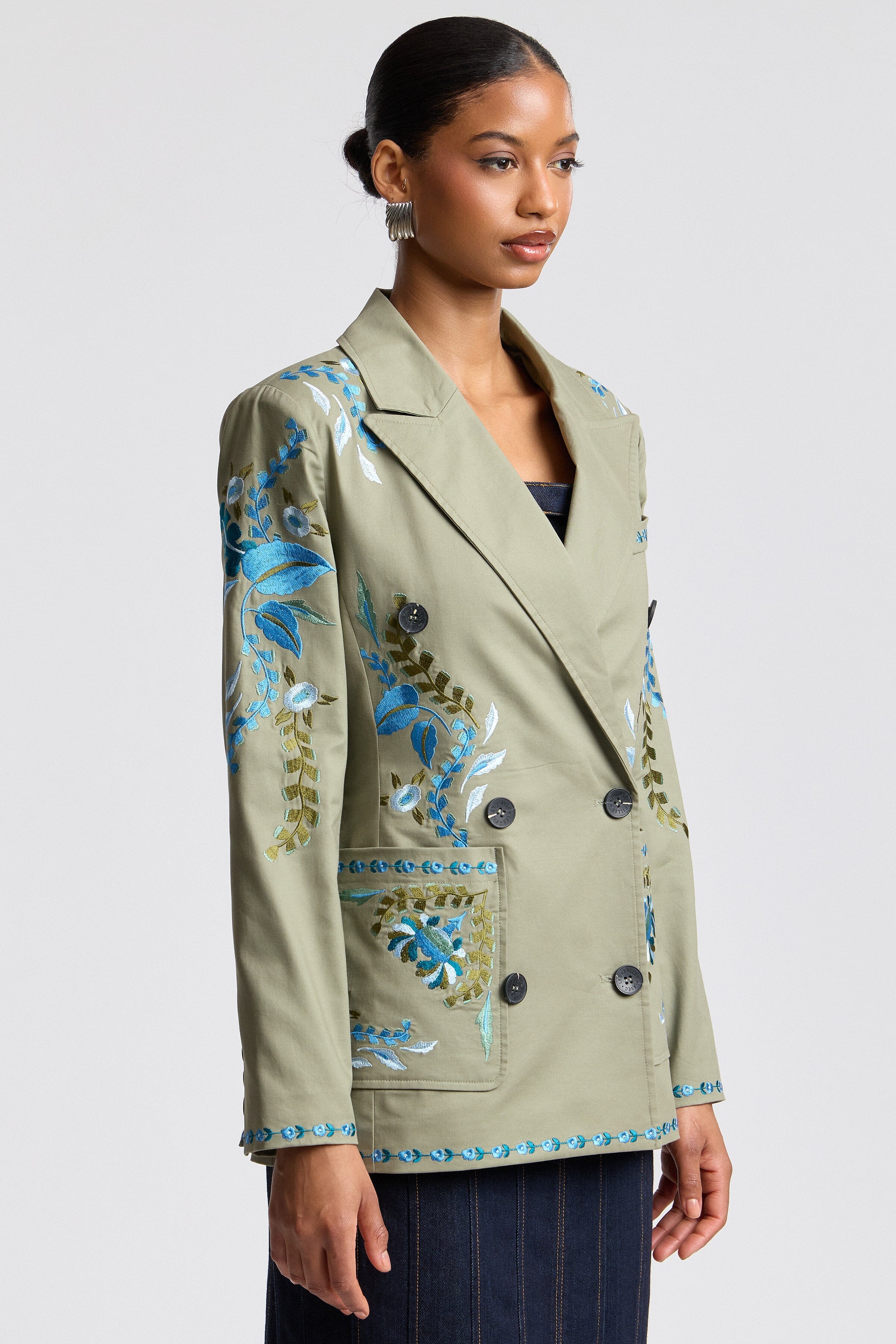 Double-breasted floral embroidered olive blazer with long sleeves - Shop designer women's floral blazers by Avec Les Filles