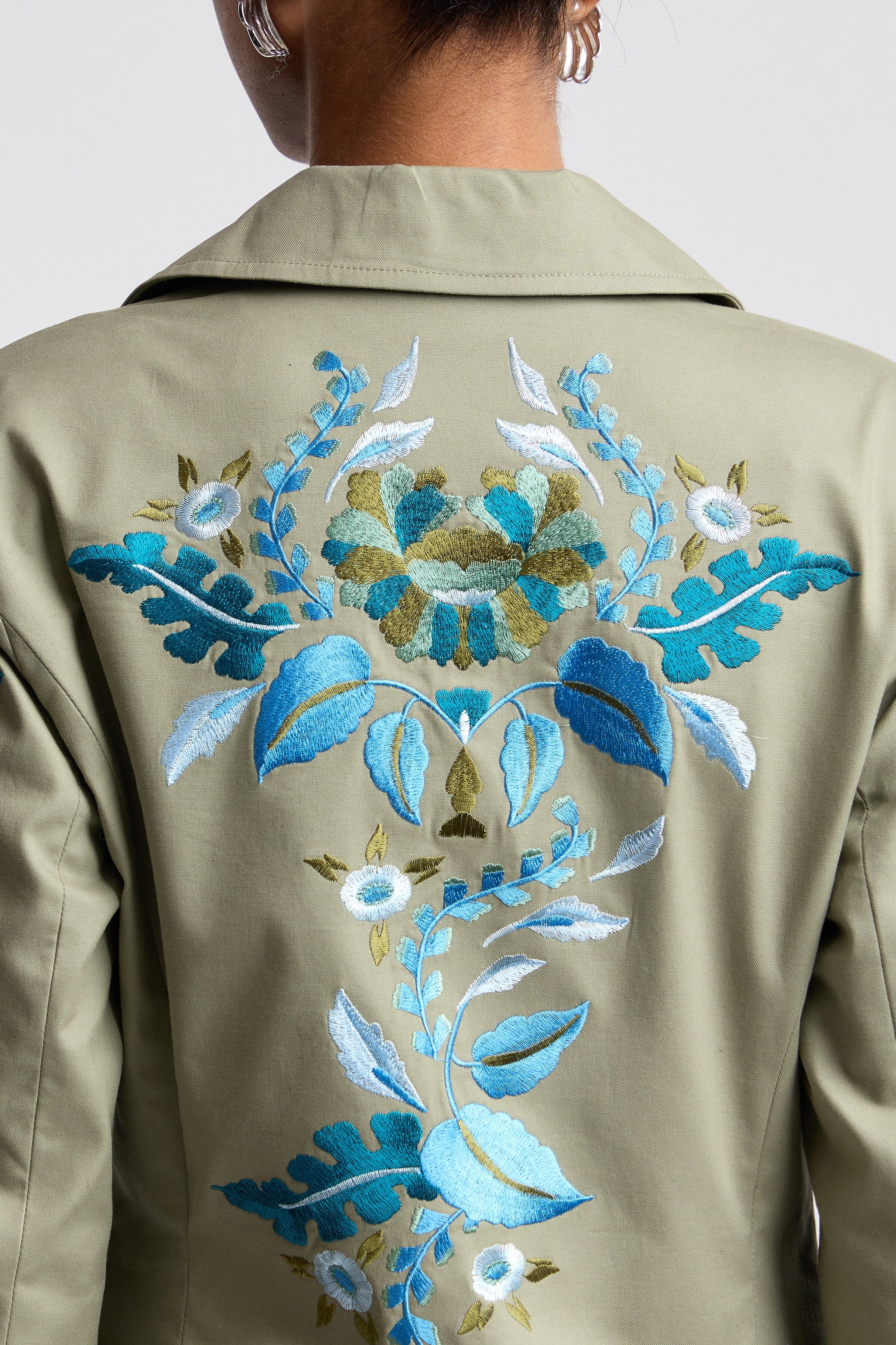 Stretch cotton twill olive double-breasted floral embroidered blazer - Shop designer women's floral blazers by Avec Les Filles