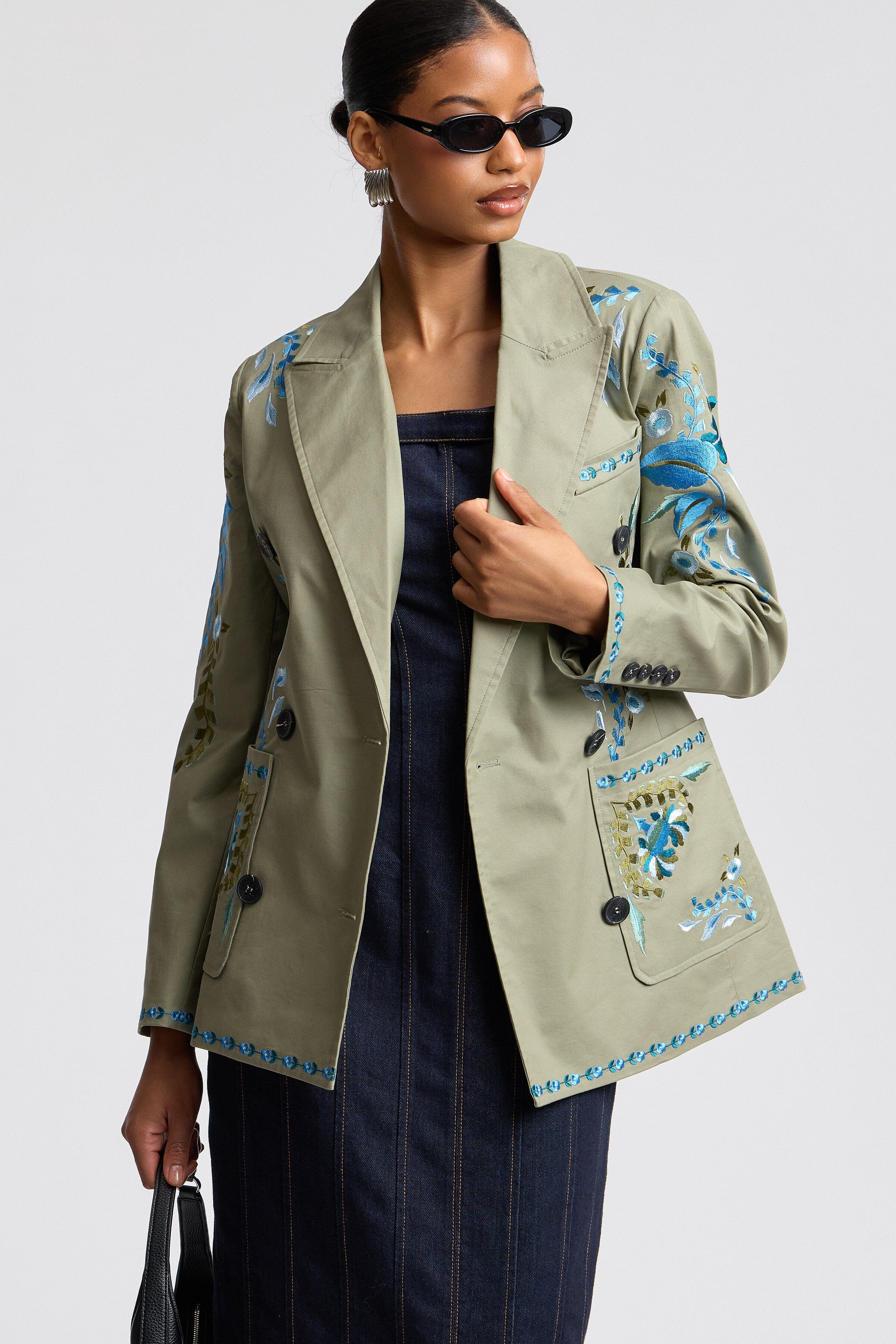 Olive double-breasted embroidered floral blazer with button front - Shop designer women's floral blazers by Avec Les Filles
