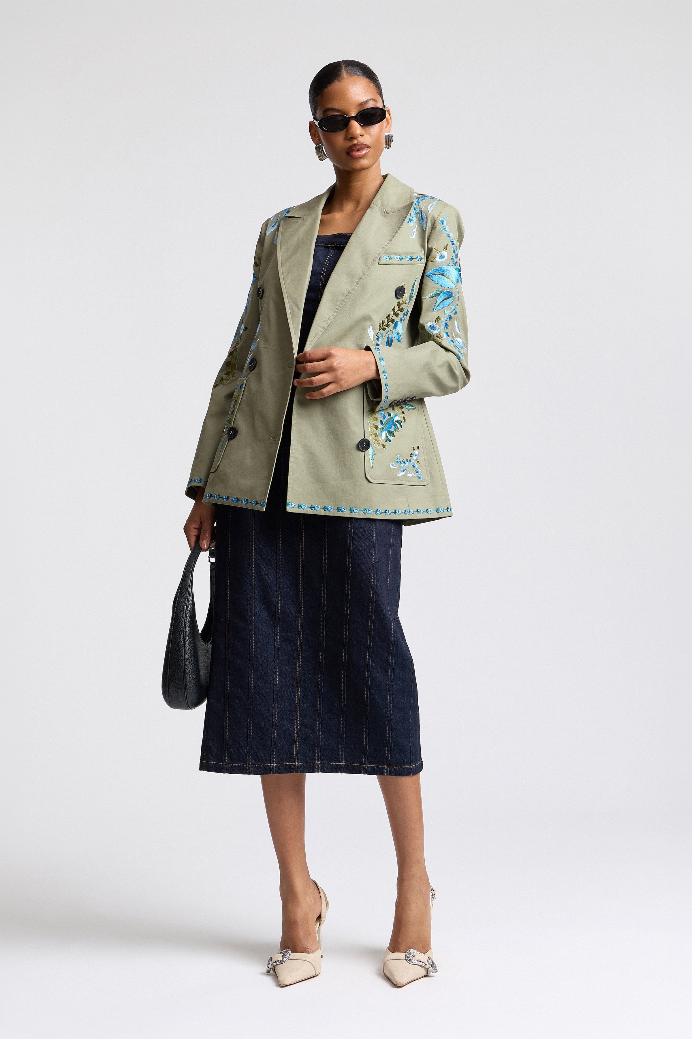 Stretch cotton olive double-breasted floral embroidered blazer with long sleeves and button front by Avec Les Filles