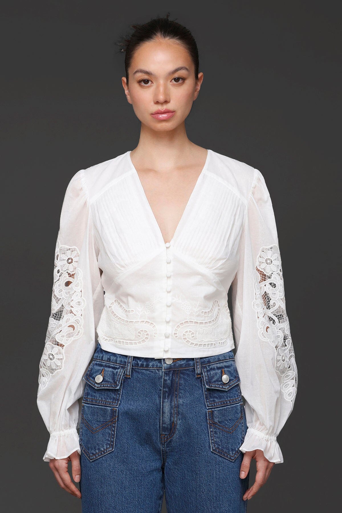 Floral embroidered puff sleeve white blouse made from 100% cotton with V-neckline and button front closure - Cute women's tops by Avec Les Filles