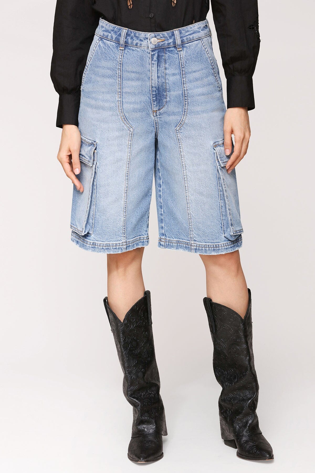 Denim blue wash high-rise cargo cotton shorts with raw-edge hem and oversized flap pockets - Cute women's shorts by Avec Les Filles