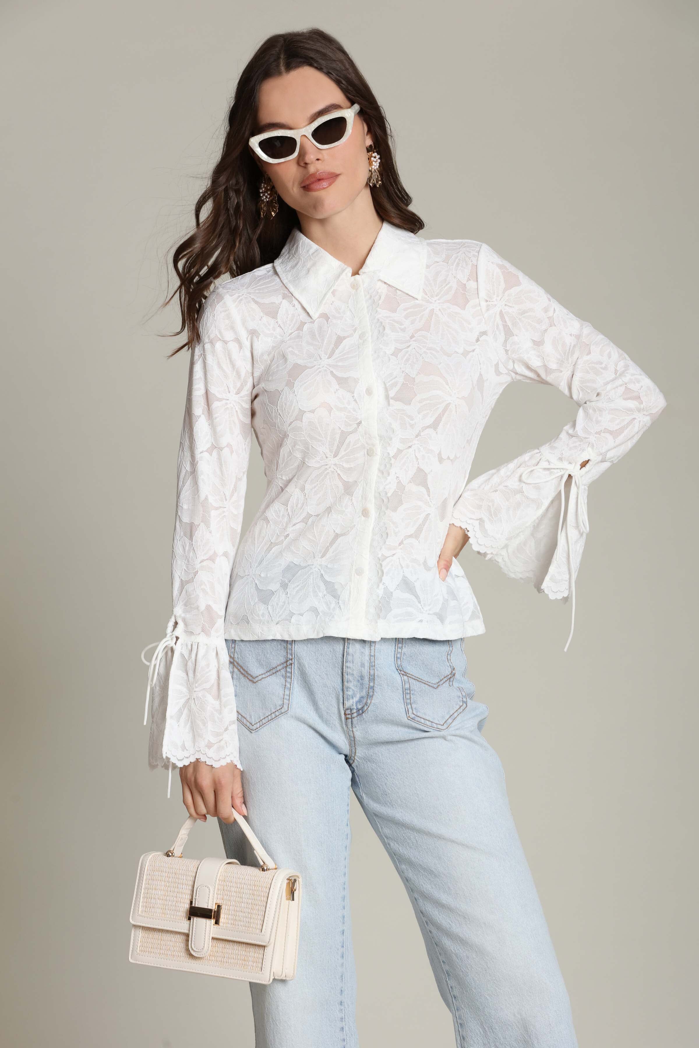 Sheer lace tie-cuff button-front white shirt with long sleeves and a point collar - Shop women's designer shirts by Avec Les Filles