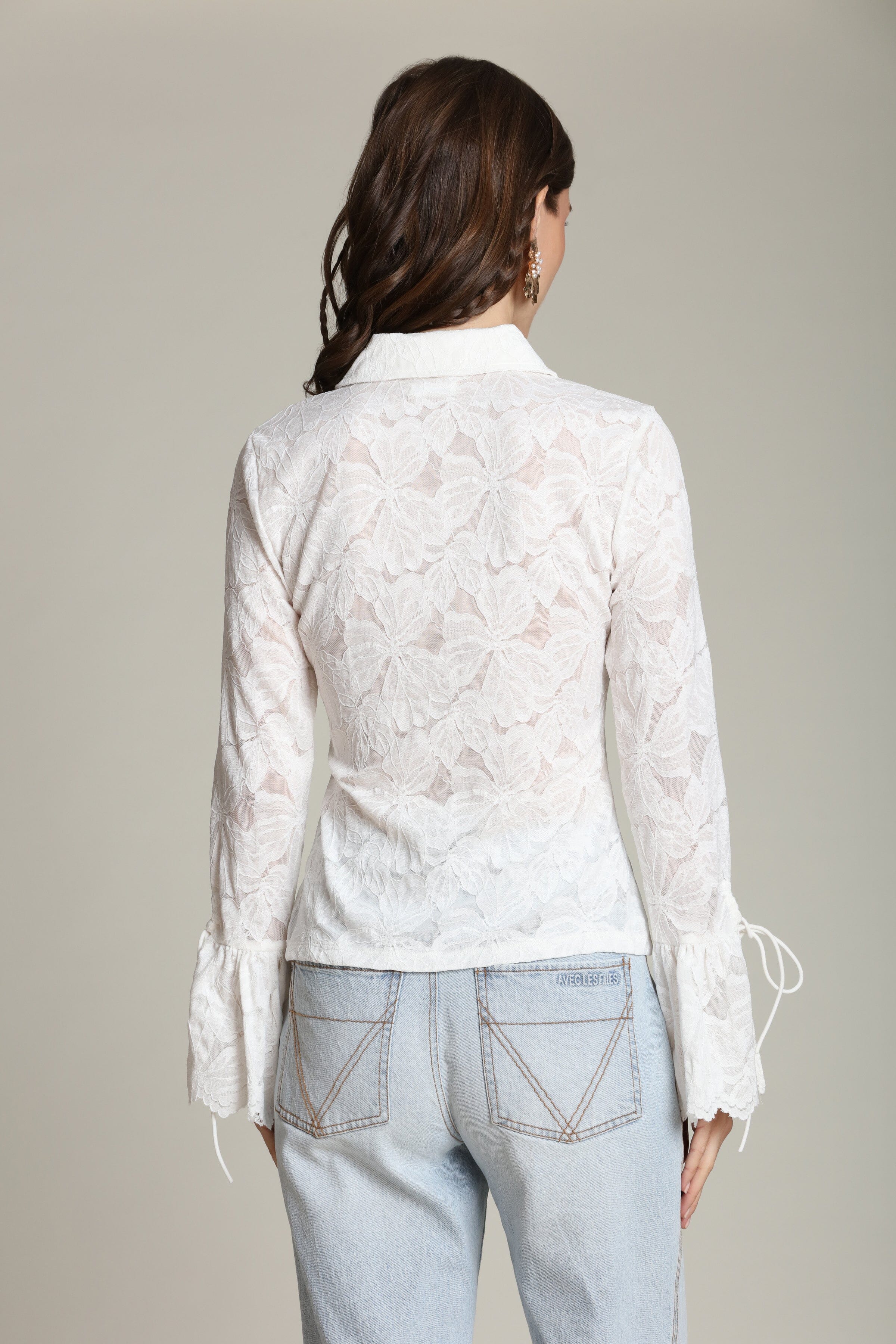 Sheer lace tie-cuff button-front white shirt with long sleeves and a point collar - Shop women's designer shirts by Avec Les Filles