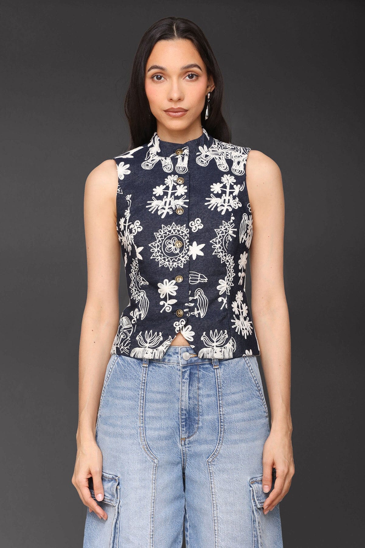 Cropped brocade navy white embroidery vest top with high collar, button front and sleeveless silhouette - Cute women's vest tops by Avec Les Filles