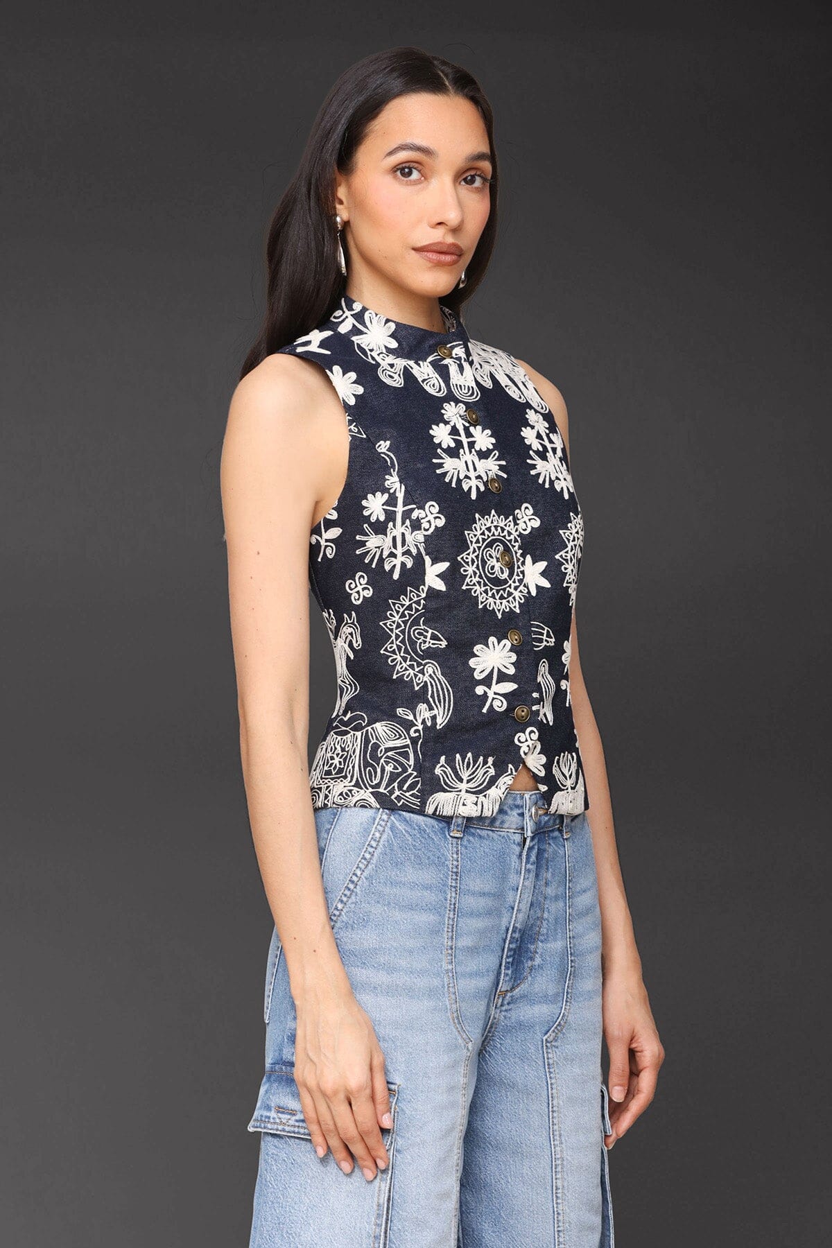 Cropped brocade navy white embroidery vest top with high collar, button front and sleeveless silhouette - Cute women's vest tops by Avec Les Filles