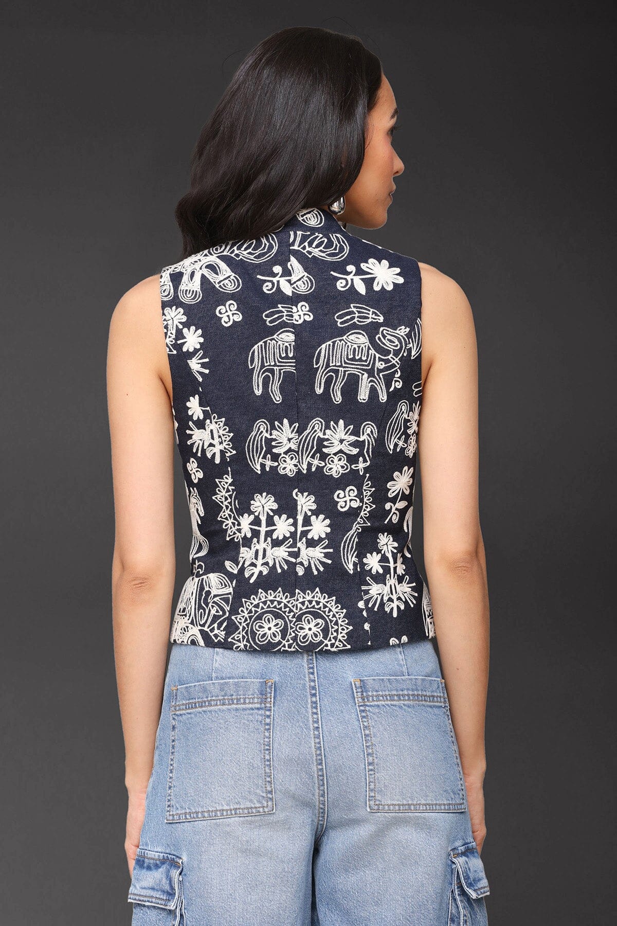 Cropped brocade navy white embroidery vest top with high collar, button front and sleeveless silhouette - Cute women's vest tops by Avec Les Filles