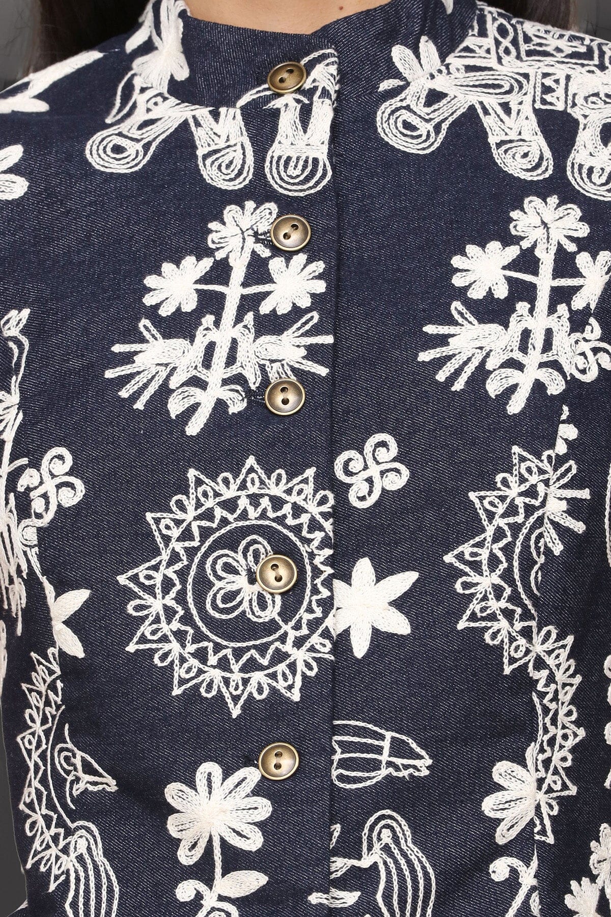 Cropped brocade navy white embroidery vest top with high collar, button front and sleeveless silhouette - Cute women's vest tops by Avec Les Filles