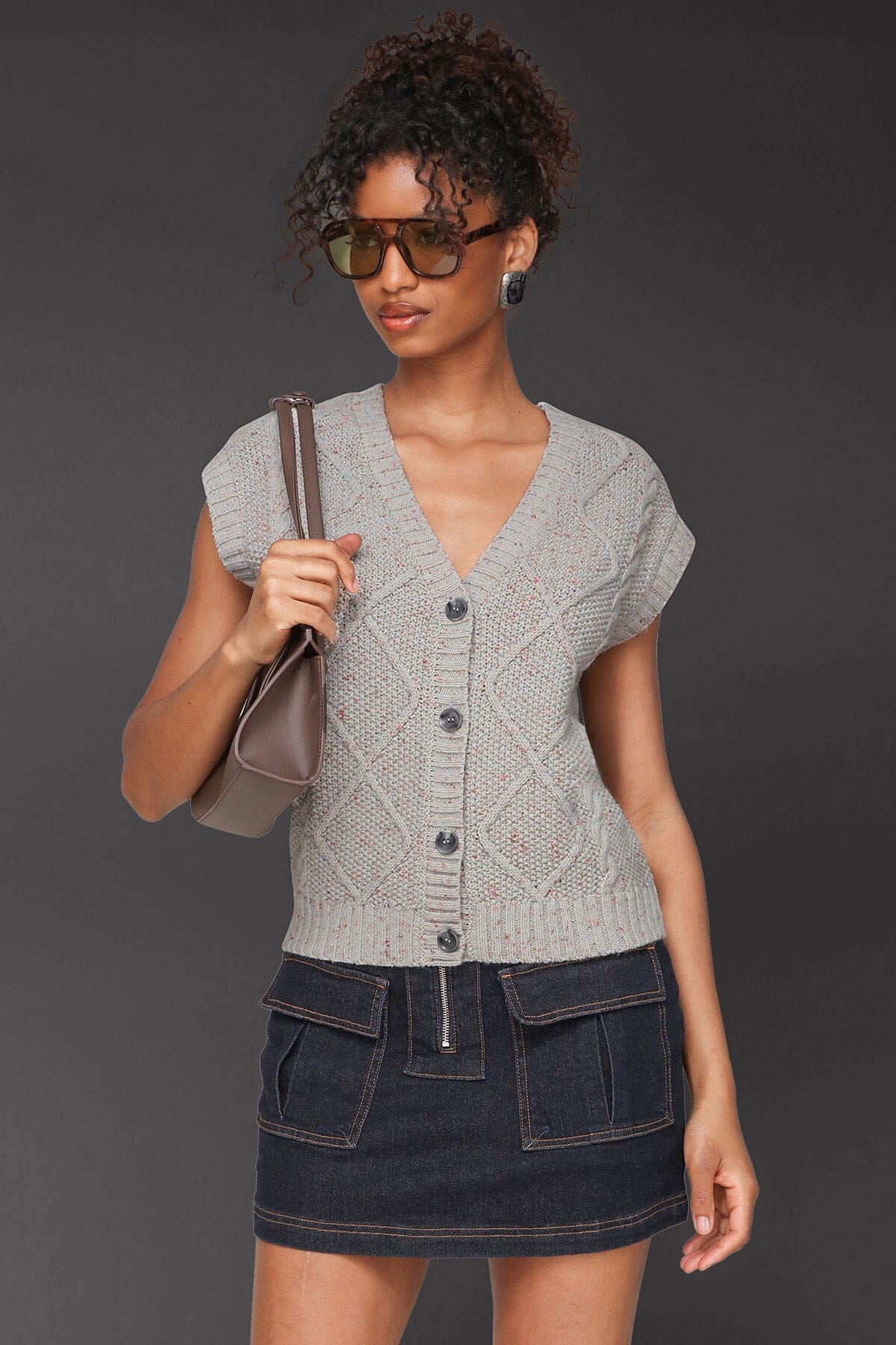 Textured grey donegal knit button-front vest top with deep V-neckline and sleeveless rolled cap - Cute women's tops by Avec Les Filles