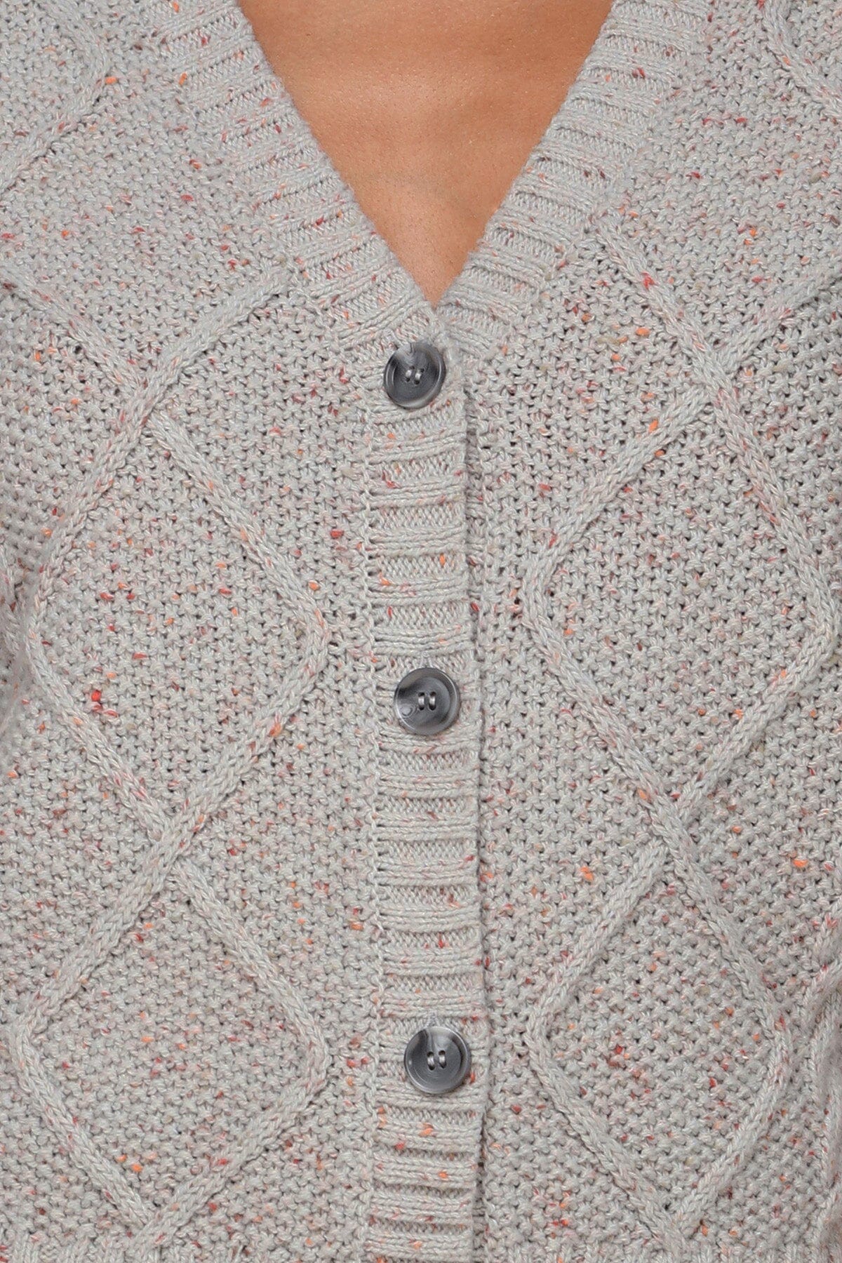 Textured grey donegal knit button-front vest top with deep V-neckline and sleeveless rolled cap - Cute women's tops by Avec Les Filles