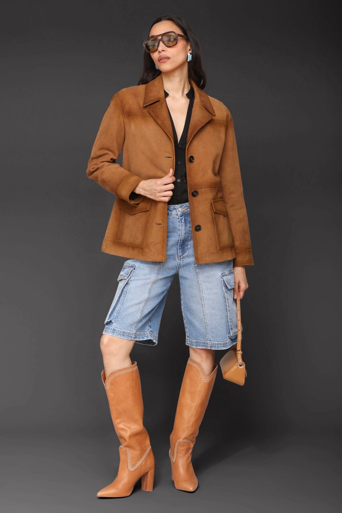 Genuine leather suede retro button-front camel blazer with notched collar and oversized flap patch pockets - Cute women's blazers by Avec Les Filles