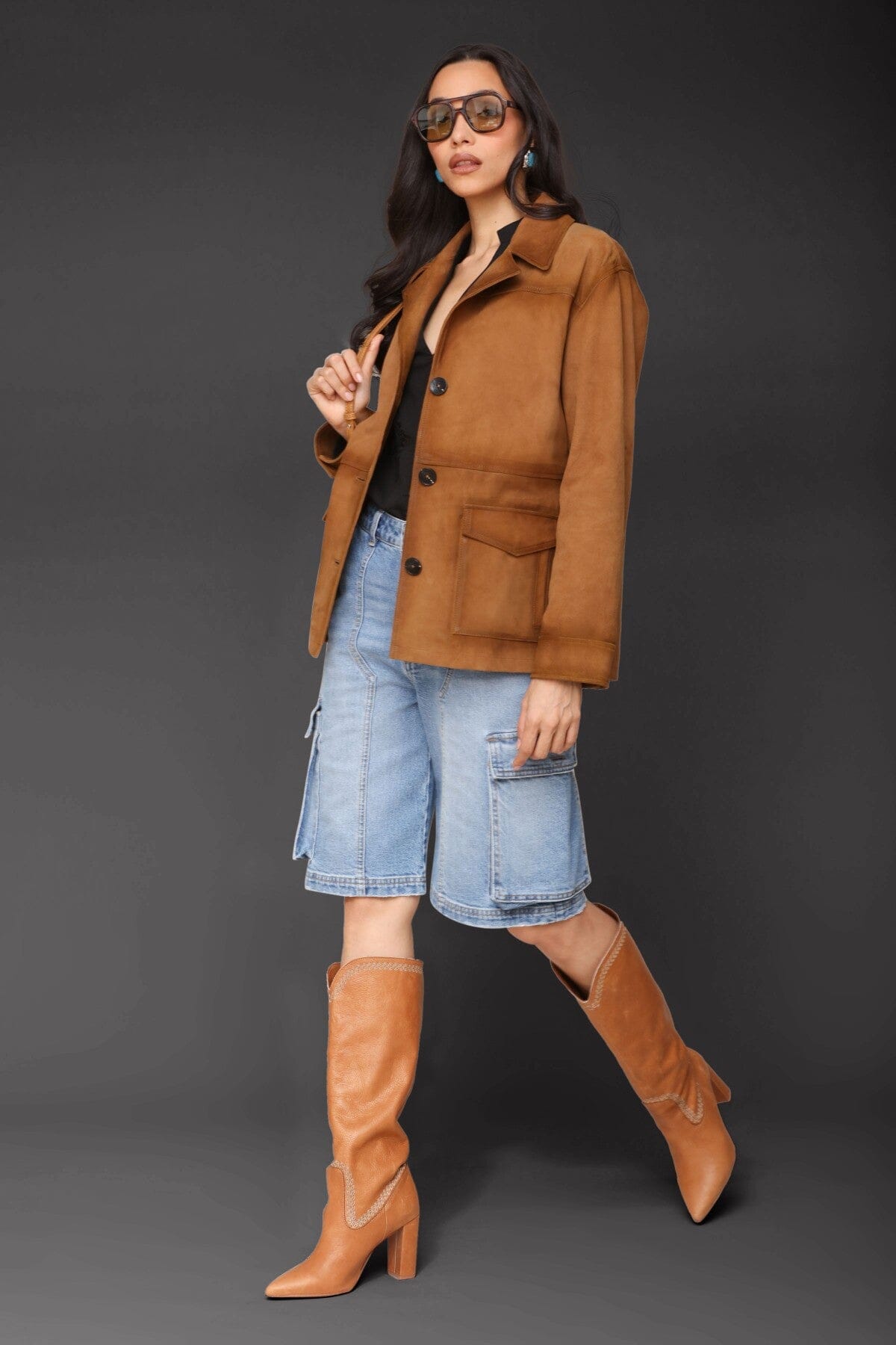 Genuine suede leather retro button-front camel blazer with notched collar and oversized flap patch pockets - Cute women's blazers by Avec Les Filles