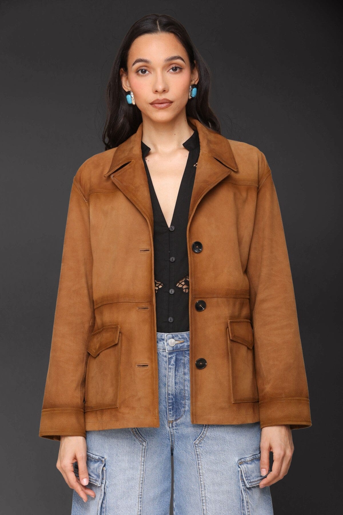Genuine suede leather retro button-front camel blazer with notched collar and oversized flap patch pockets - Cute women's blazers by Avec Les Filles