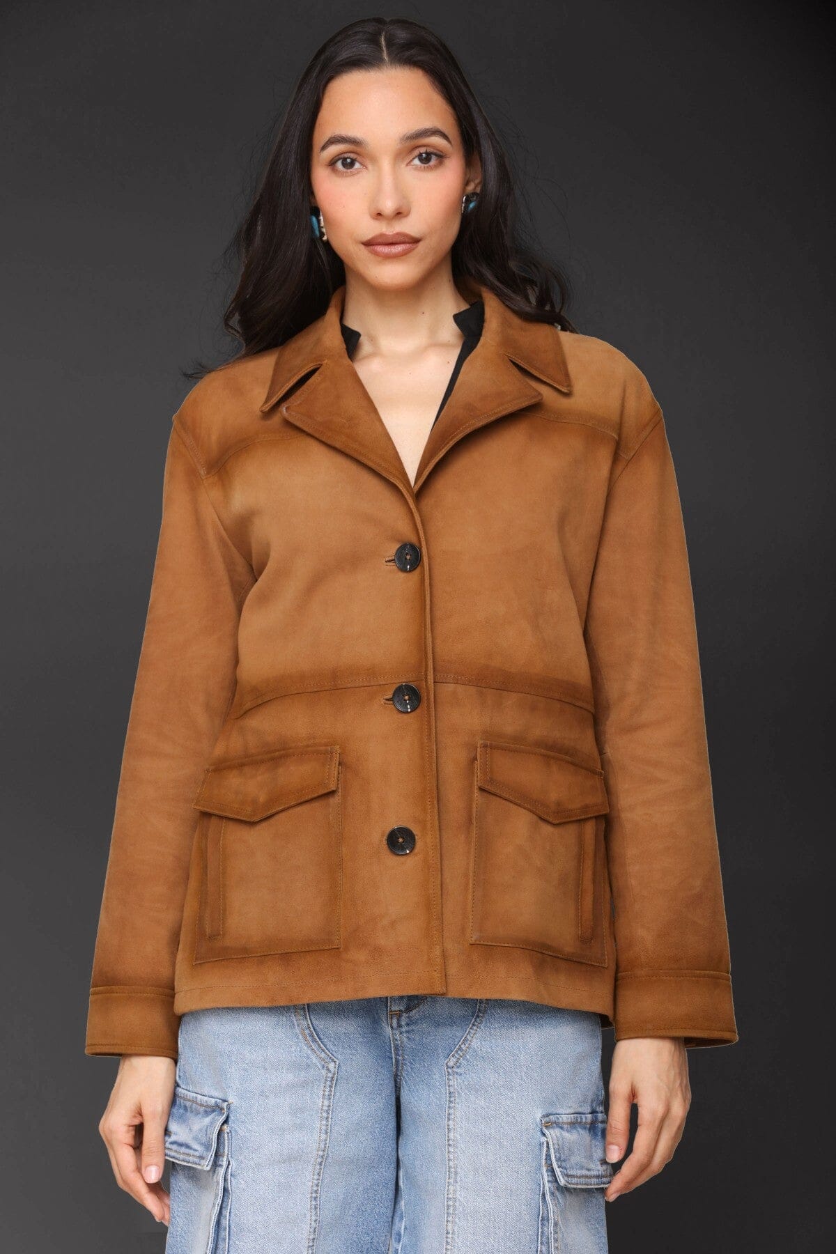 Genuine leather suede retro button-front camel blazer with notched collar and oversized flap patch pockets - Cute women's blazers by Avec Les Filles