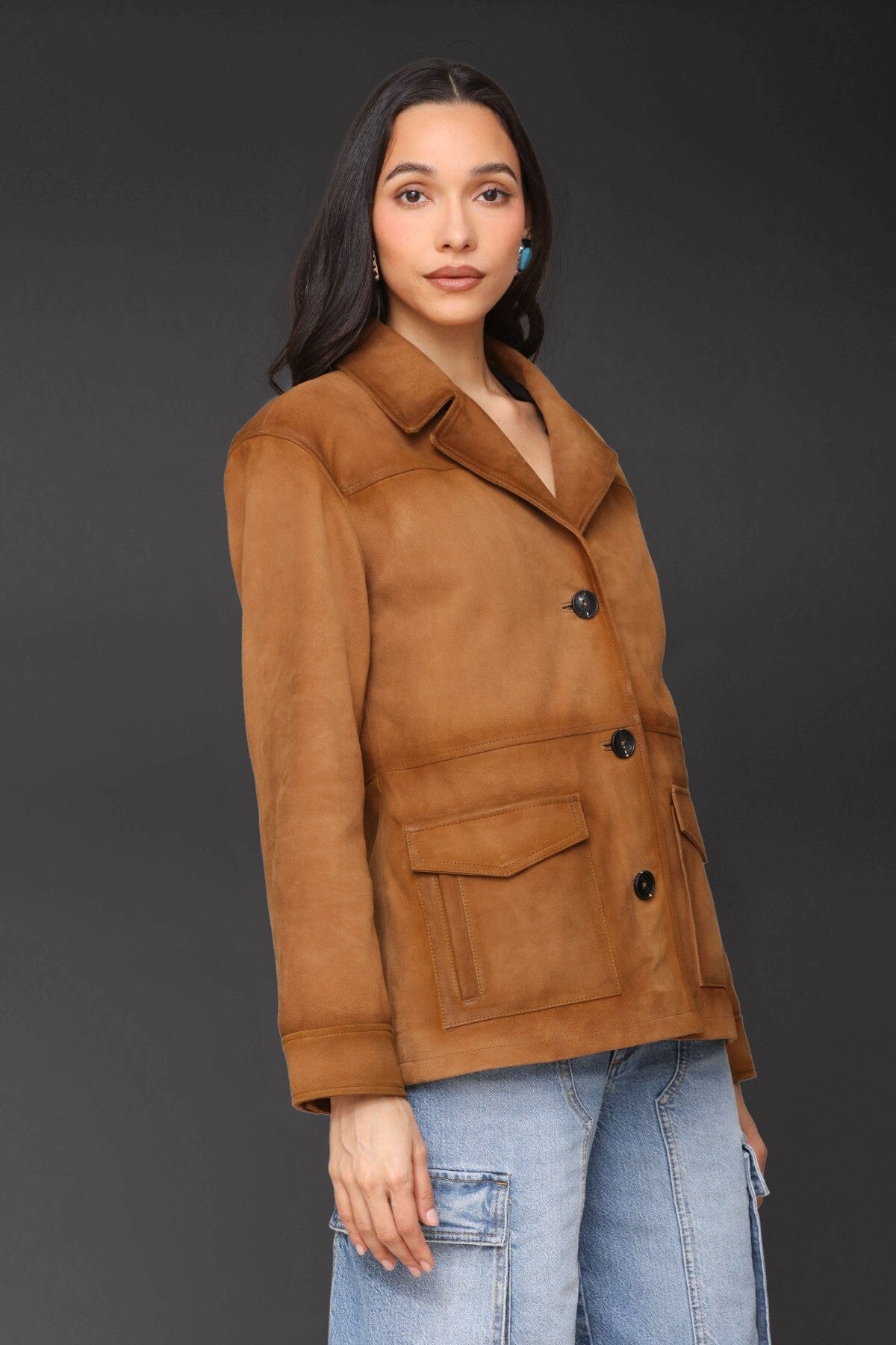 Genuine leather suede retro button-front camel blazer with notched collar and oversized flap patch pockets - Cute women's blazers by Avec Les Filles