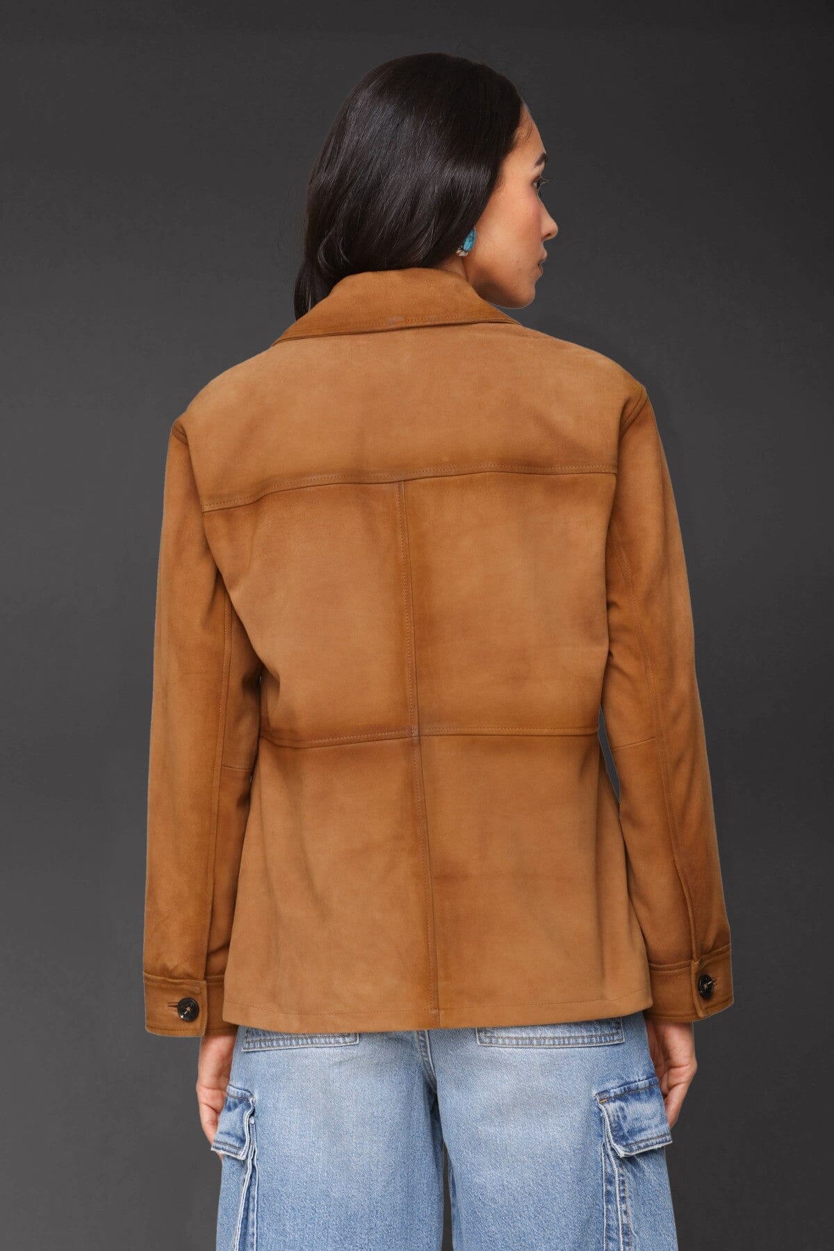 Genuine leather suede retro button-front camel blazer with notched collar and oversized flap patch pockets - Cute women's blazers by Avec Les Filles