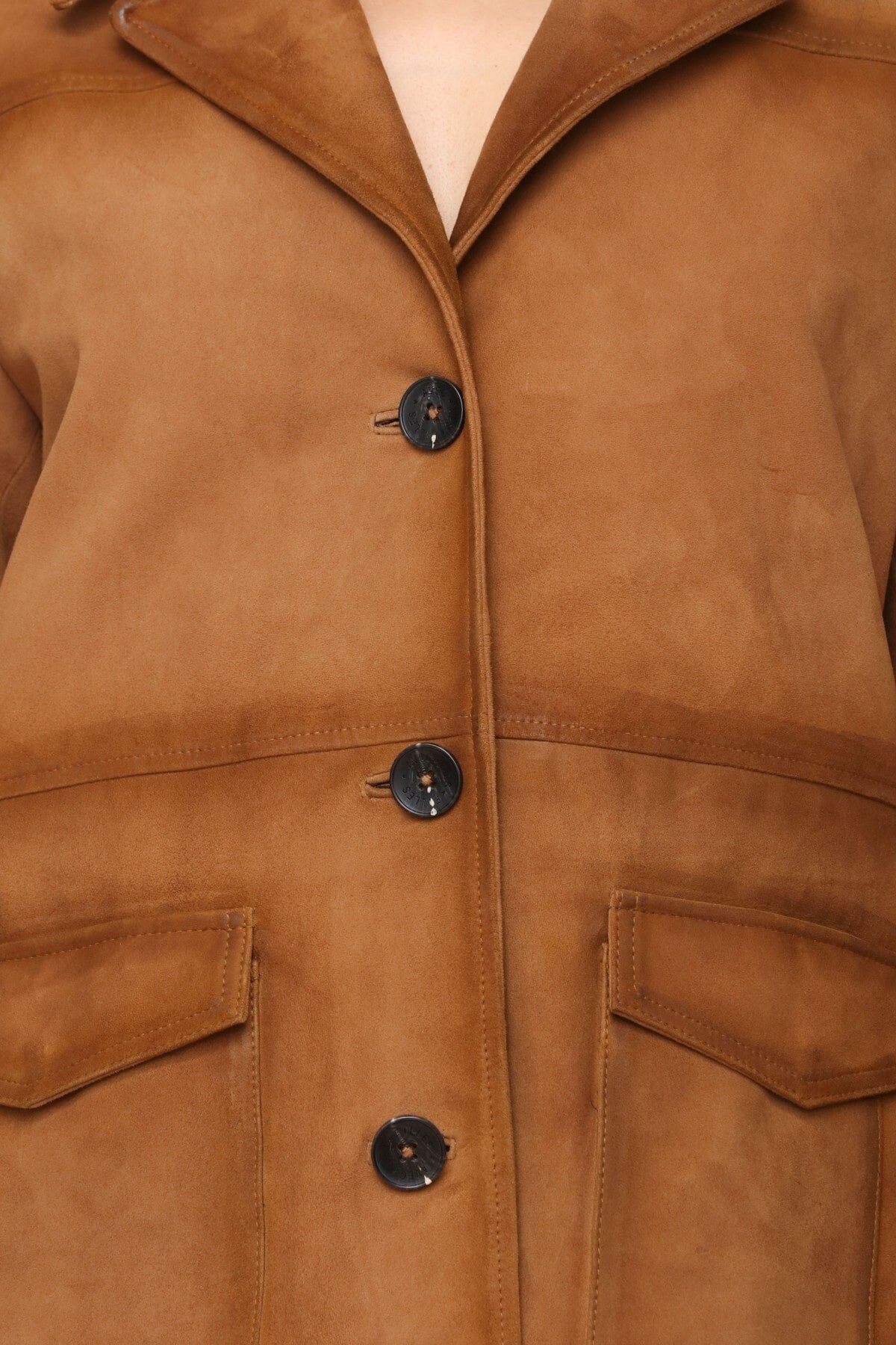 Genuine leather suede retro button-front camel blazer with notched collar and oversized flap patch pockets - Cute women's blazers by Avec Les Filles