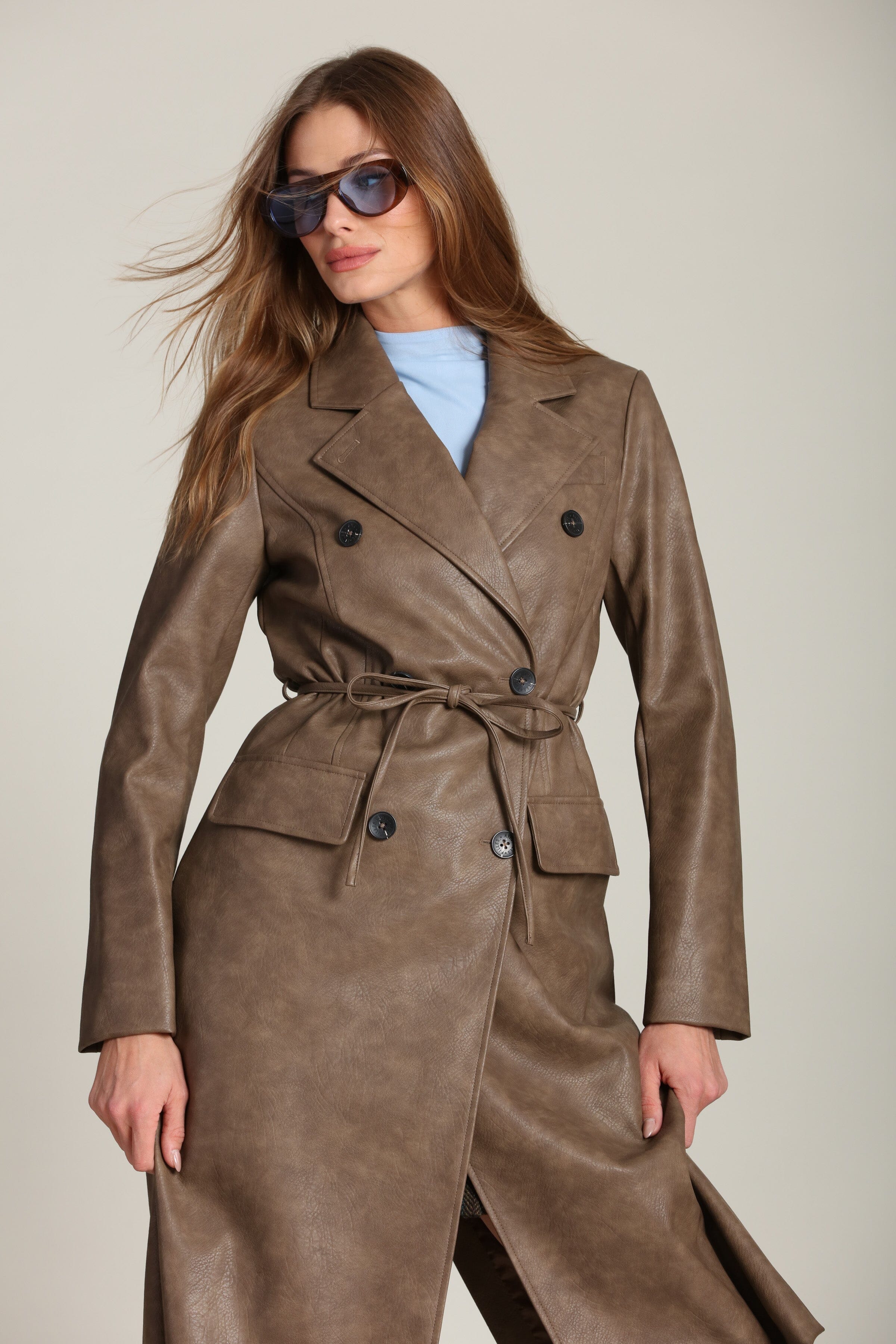 Belted brown faux leather trench coat with adjustable self-tie belt -Shop cute women's vegan leather long trench coats by Avec Les Filles