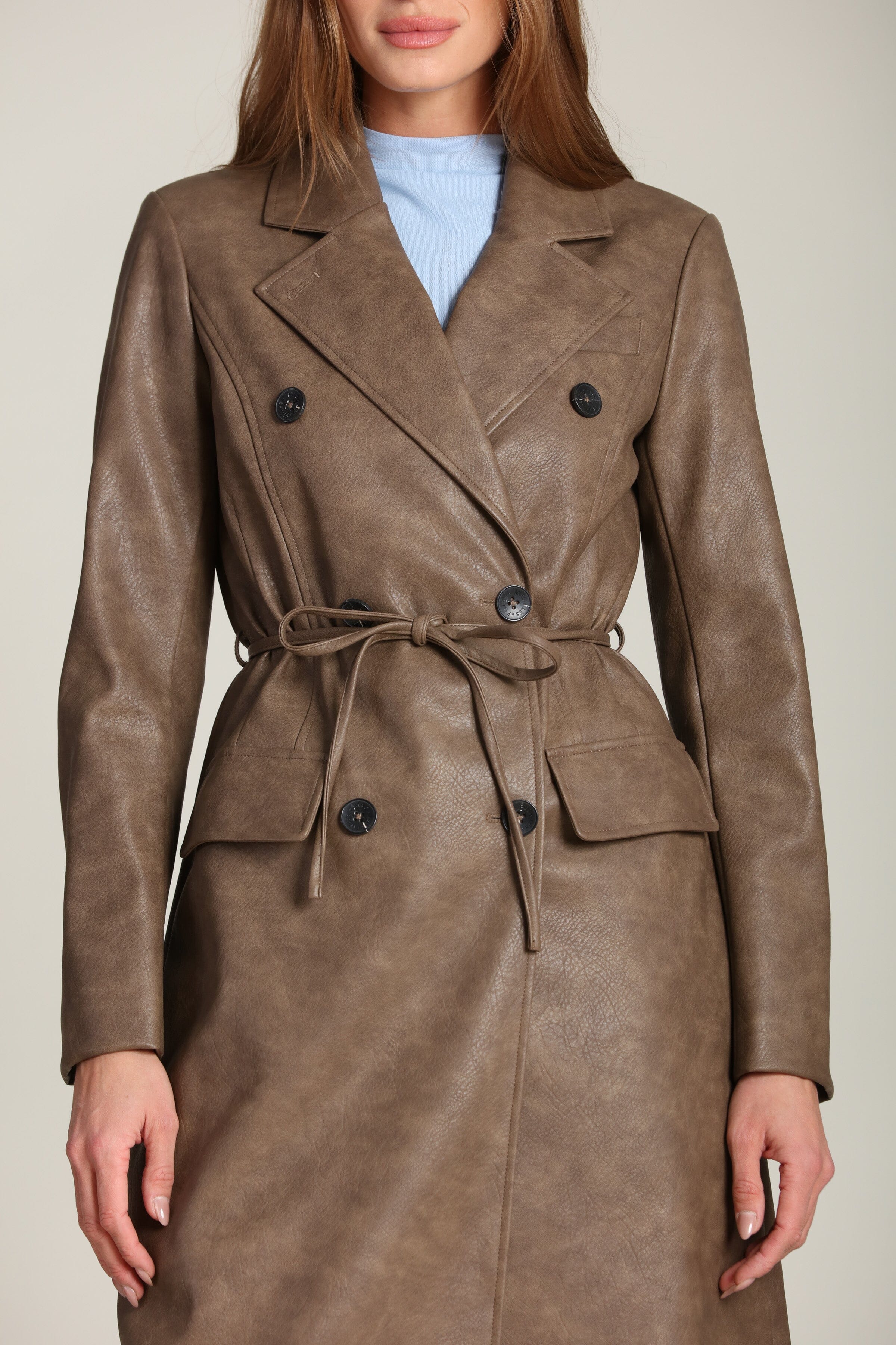 Belted brown faux leather trench coat with adjustable self-tie belt - Shop cute women's vegan leather long trench coats by Avec Les Filles