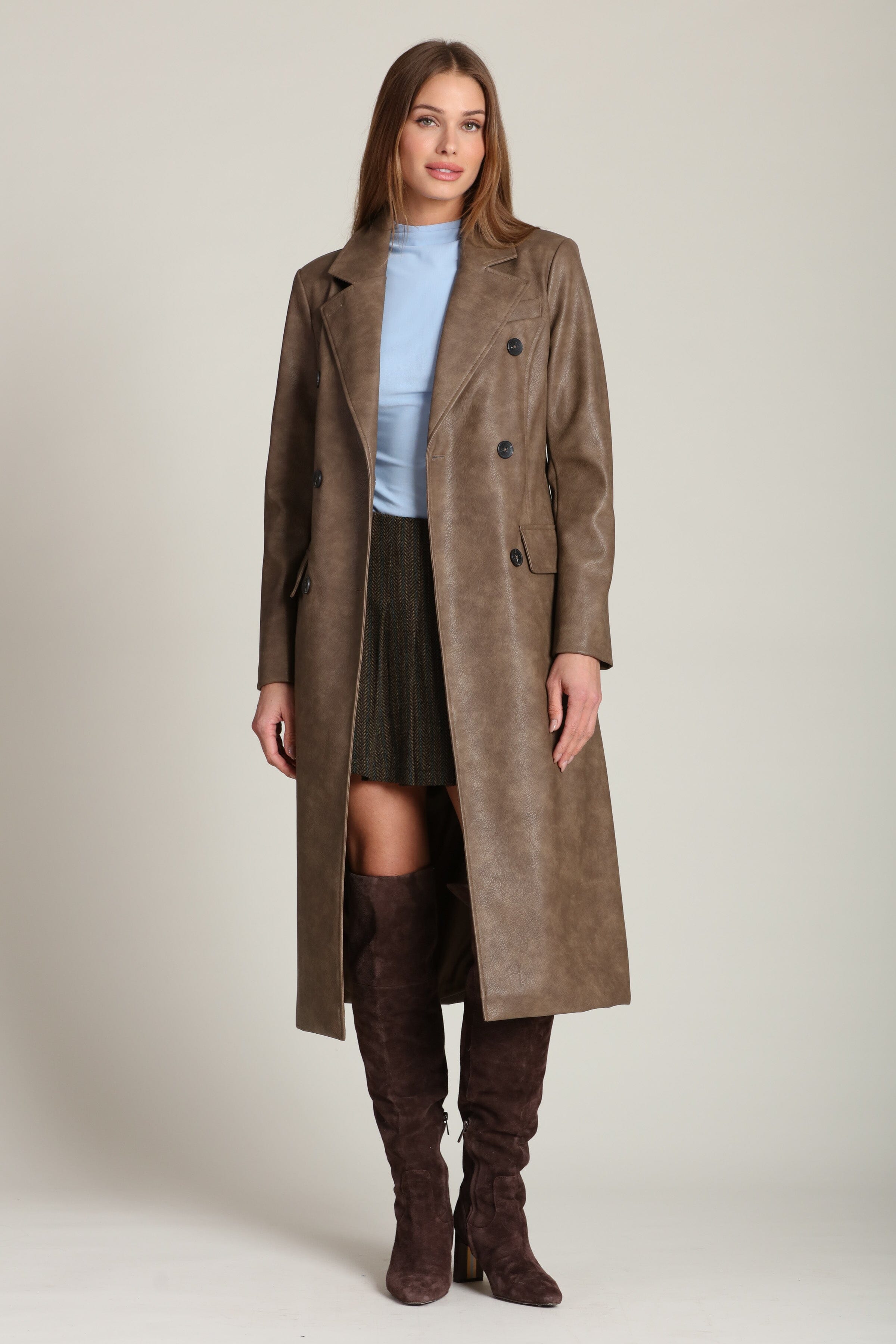 Belted brown faux leather trench coat with adjustable self-tie belt - Shop cute women's vegan leather long trench coats by Avec Les Filles