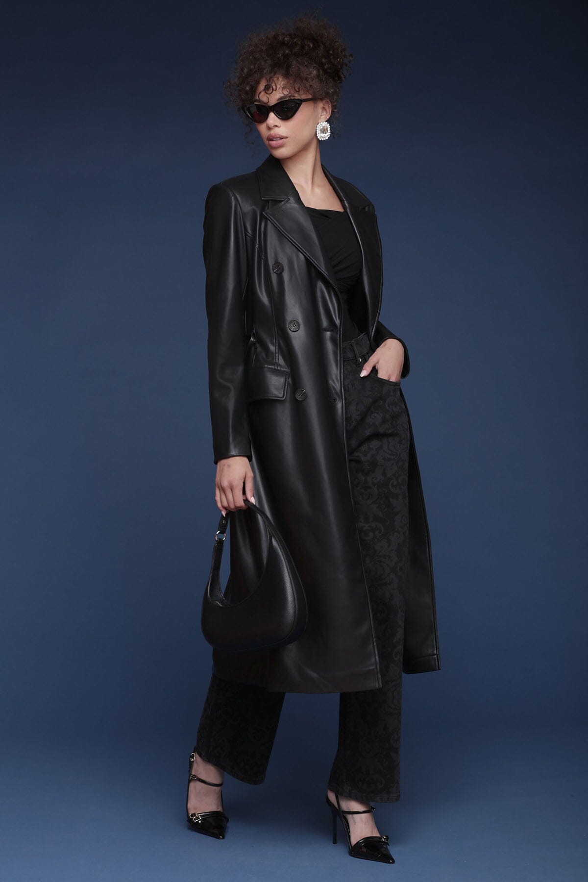 Belted faux leather double-breasted black trench coat with adjustable self-tie belt and flap pockets - Cute women's trench coats by Avec Les Filles