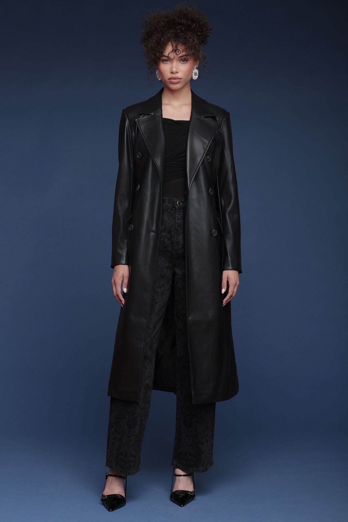 Belted faux leather double-breasted black trench coat with adjustable self-tie belt and flap pockets - Cute women's trench coats by Avec Les Filles